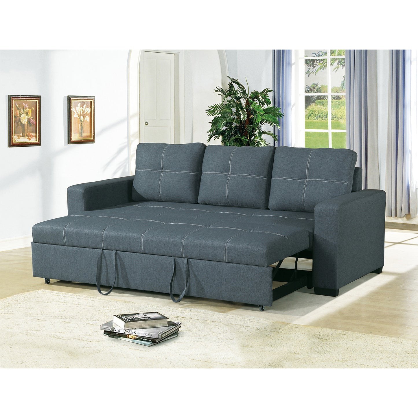 3 Seats Polyfiber Convertible Sleeper Sofa - Blue Grey