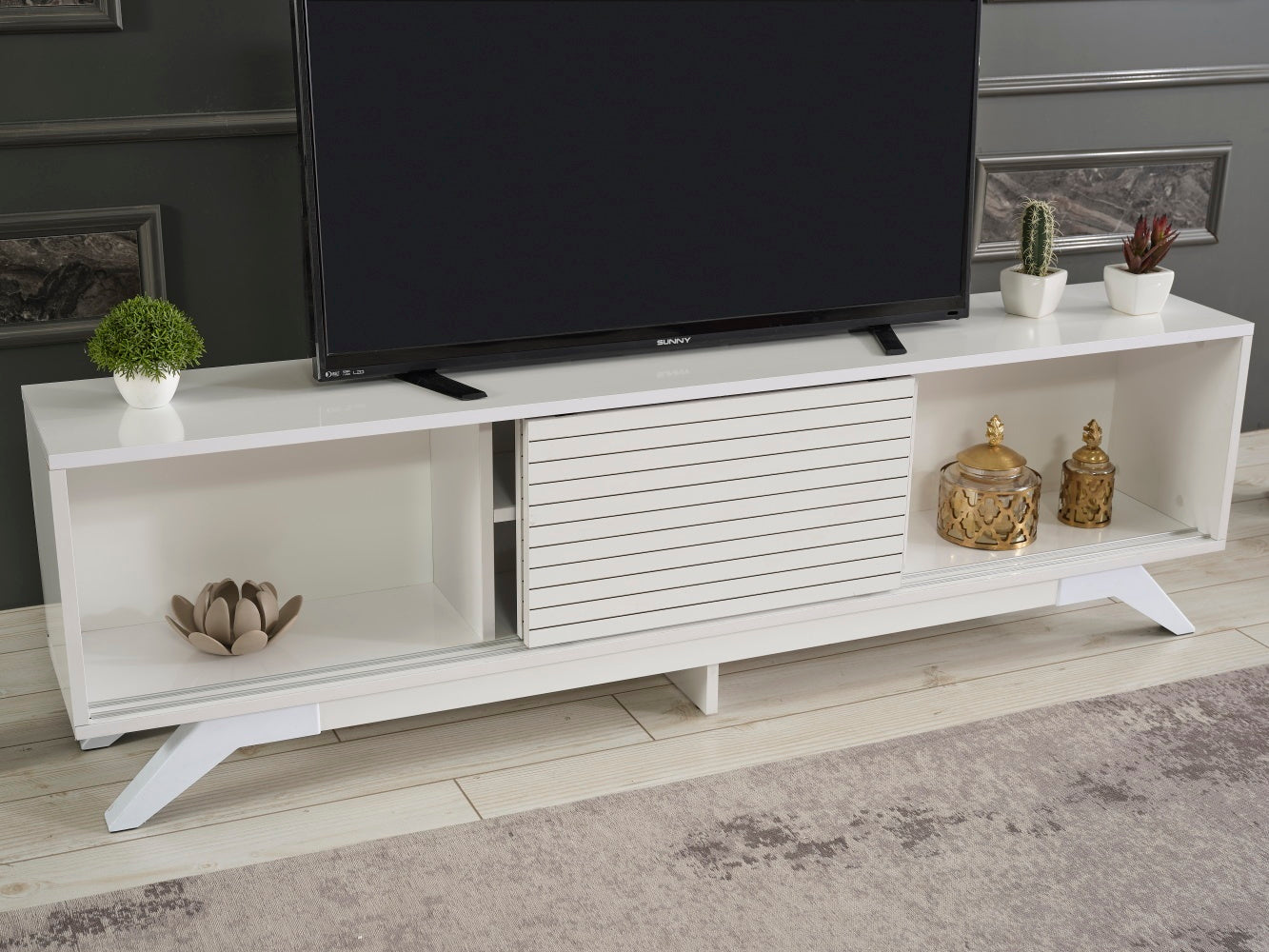 FurnisHome Store Luxia Mid Century Modern Tv Stand 2 Sliding Door Cabinet 2 Shelves 67 inch Tv Uni, White