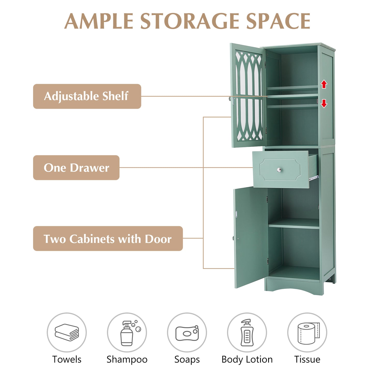 Tall Bathroom Cabinet, Freestanding Storage Cabinet with Drawer and Doors, MDF Board, Acrylic Door, Adjustable Shelf, Green