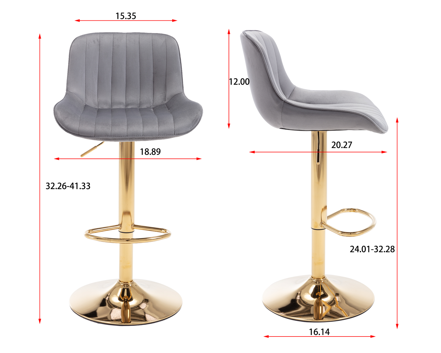 Chrome Footrest and Base Swivel Height Adjustable Mechanical Lifting Velvet + Golden Leg Simple Bar Stool,Set of 2,Grey