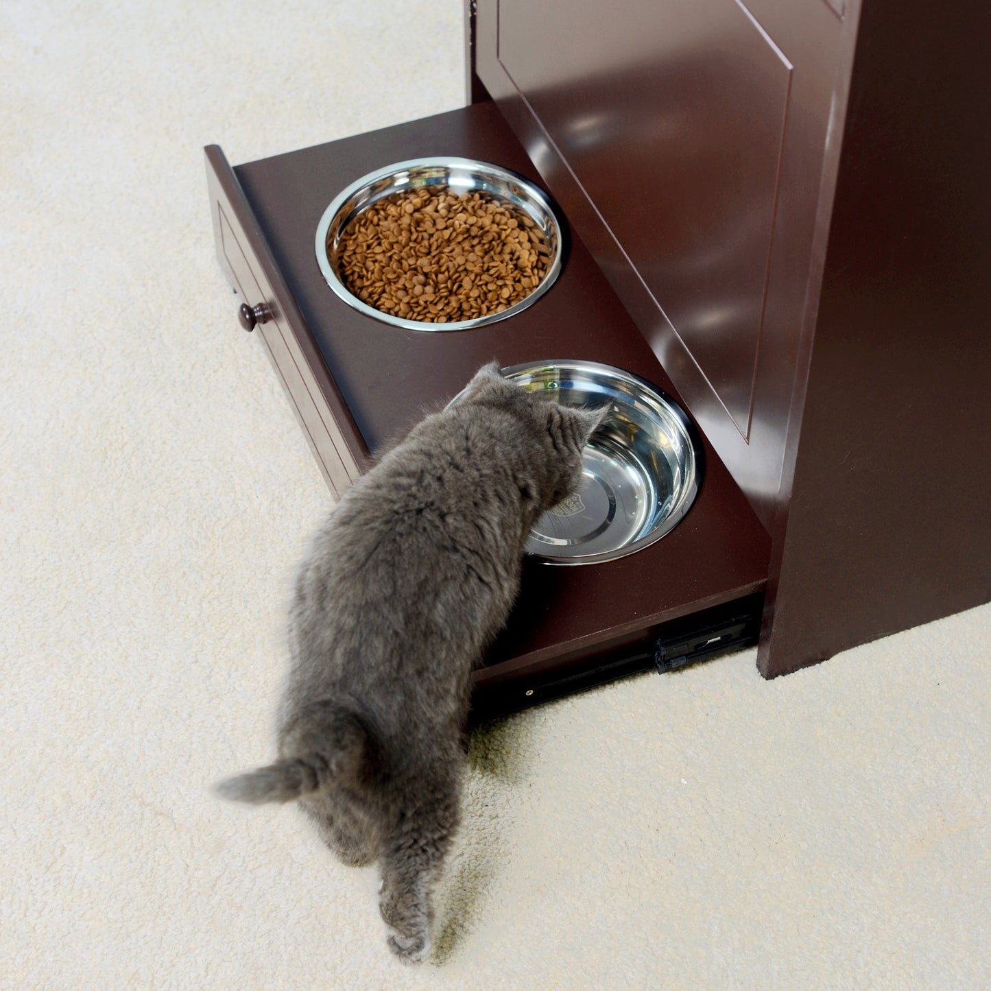 Pet Feeder Station with Storage,Made of MDF and Waterproof Painted,Dog and Cat Feeder Cabinet with Stainless Bowl