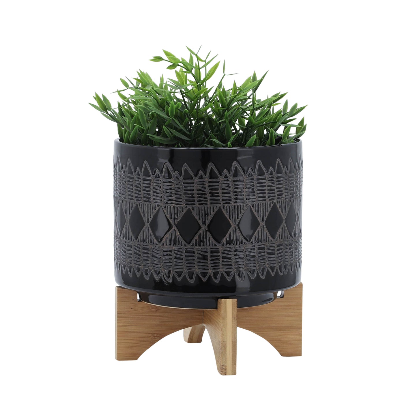 CERAMIC 8" AZTEC PLANTER ON WOODEN STAND, BLACK