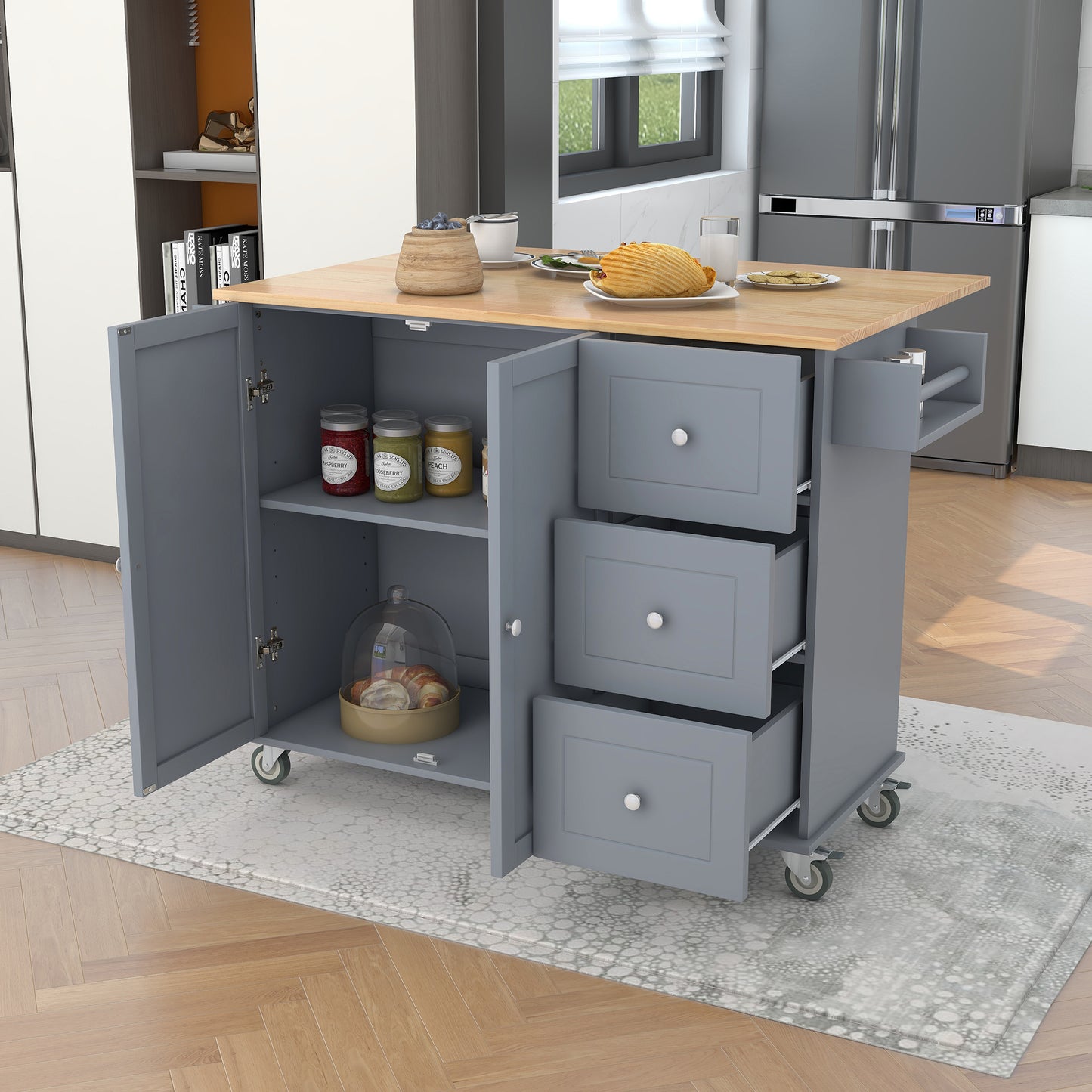 Rolling Mobile Kitchen Island with Solid Wood Top and Locking Wheels,52.7 Inch Width,Storage Cabinet and Drop Leaf Breakfast Bar,Spice Rack, Towel Rack & Drawer (Grey Blue)