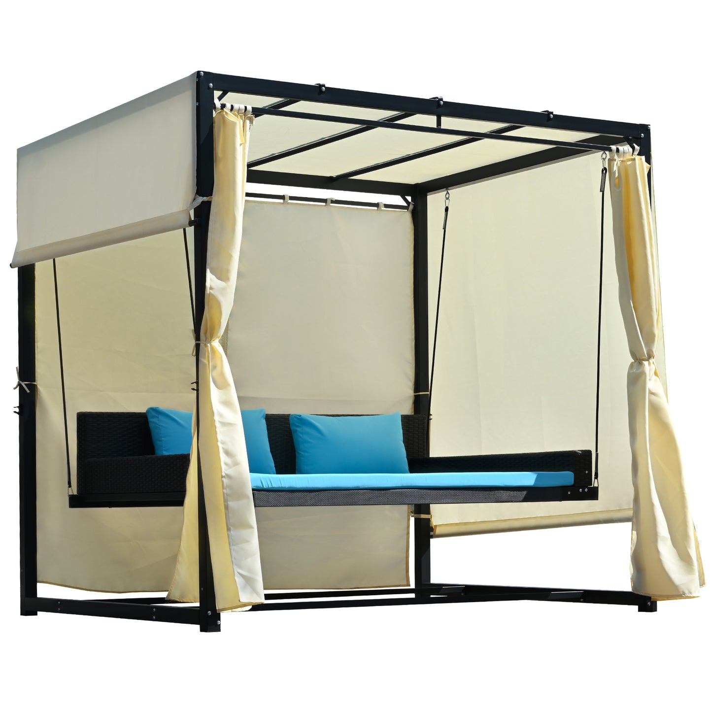 [VIDEO provided]U_Style 2-3 People Outdoor Swing Bed,Adjustable Curtains,Suitable For Balconies, Gardens And Other Places