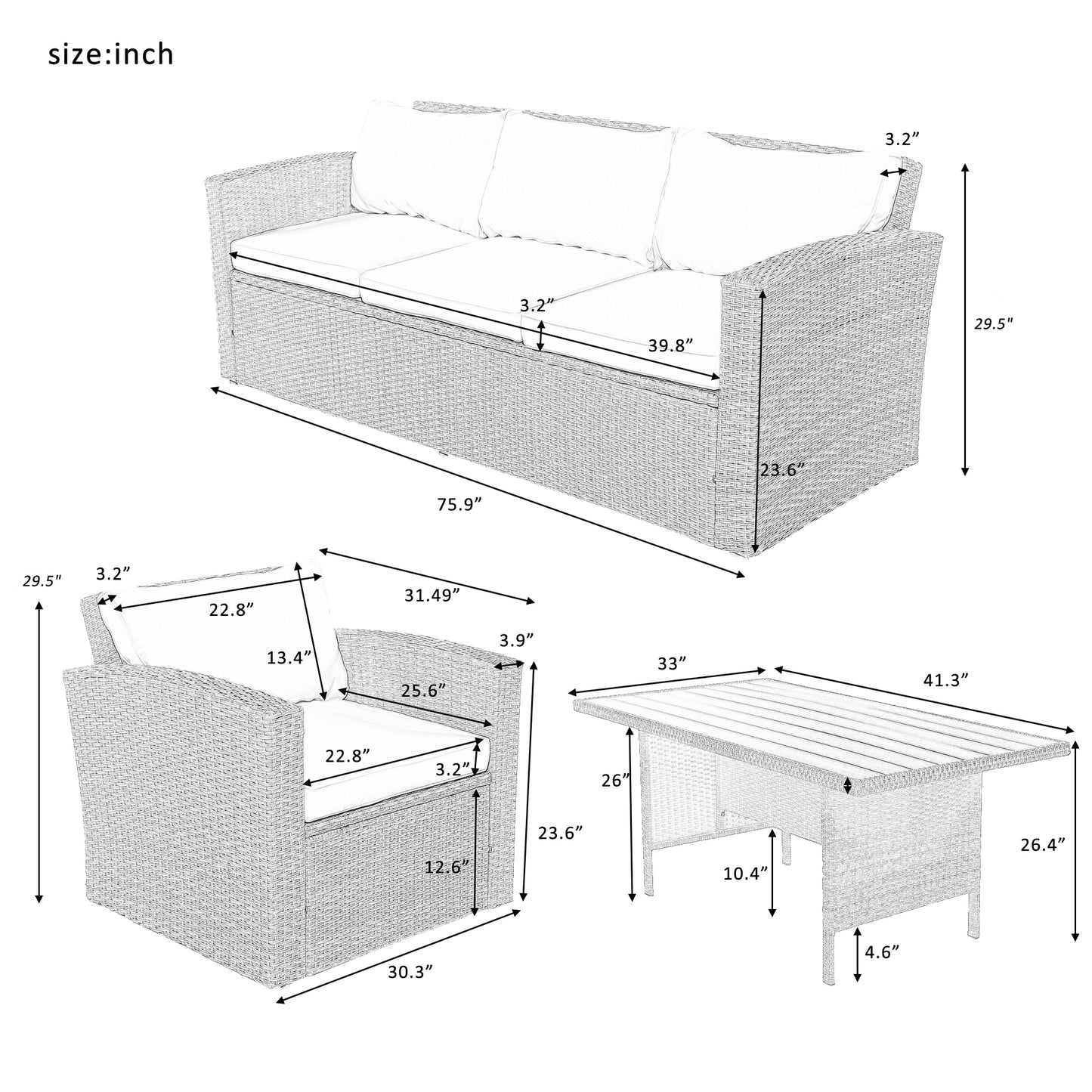 U_STYLE Outdoor Patio Furniture Set 4-Piece Conversation Set Wicker Furniture Sofa Set with Grey Cushions