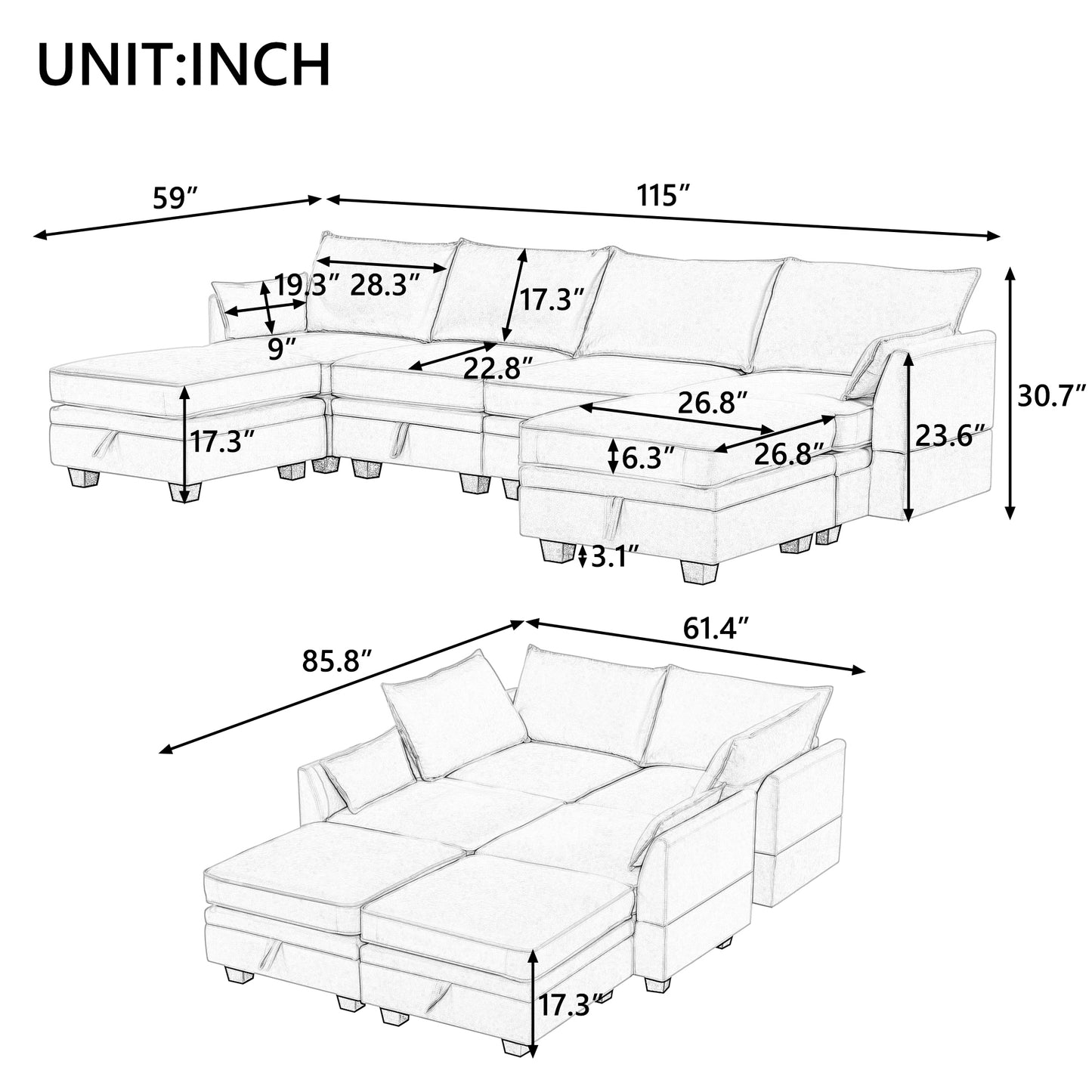 Modern Large U-Shape Modular Sectional Sofa