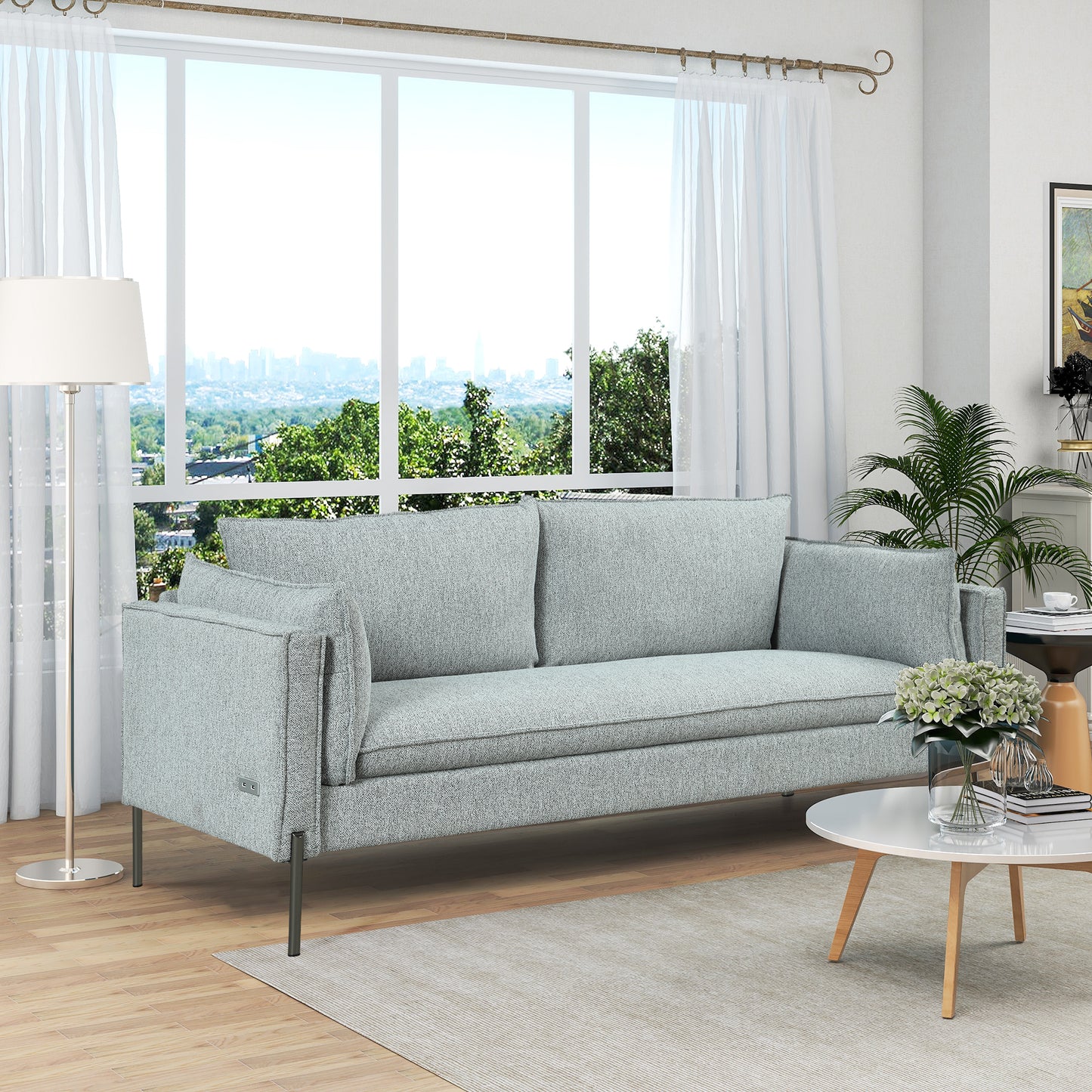 76.2" Modern Style 3 Seat Sofa Linen Fabric Upholstered Couch Furniture  for Different Spaces