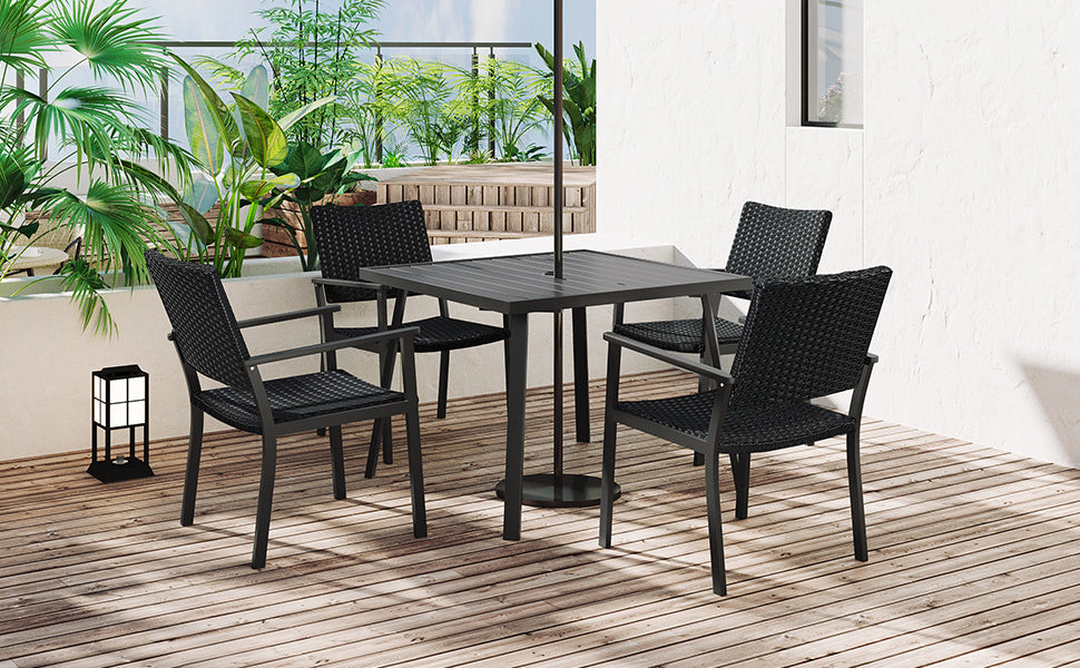 TOPMAX Outdoor Patio PE Wicker 5-Piece Dining Table Set with Umbrella Hole and 4 Dining Chairs for Garden, Deck,Black Frame+Black Rattan