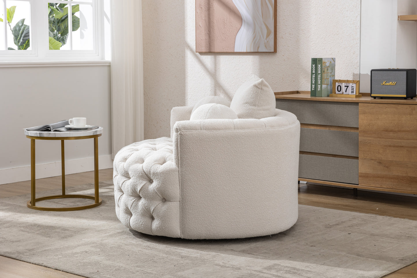 Modern Swivel Accent Barrel Chair, white tufted