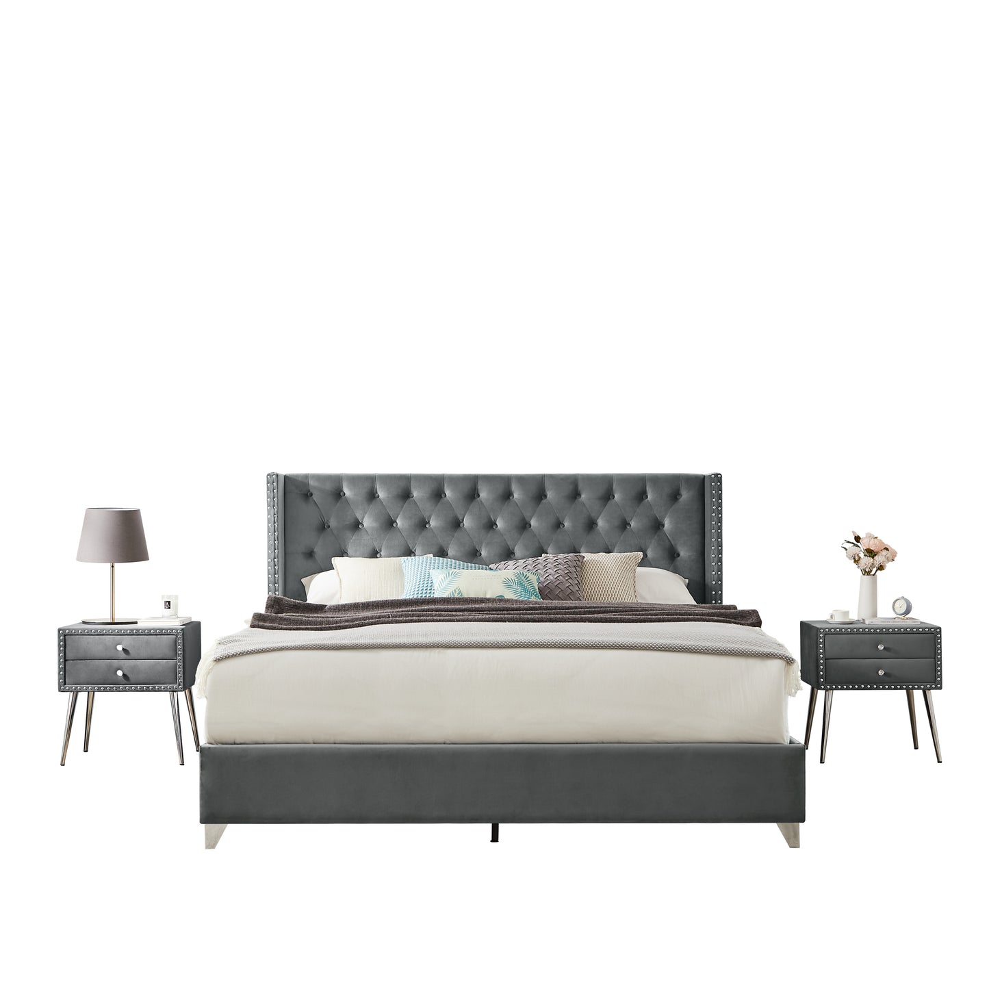 King bed with two nightstands, Button tufted gray