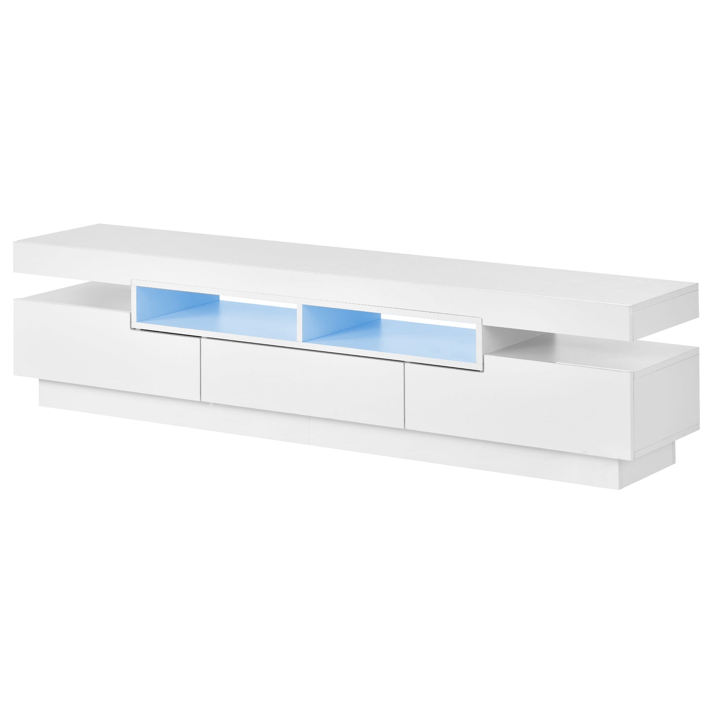 On-Trend TV Stand with 4 Open Shelves, Modern High Gloss Entertainment Center for 75 Inch TV, Universal TV Storage Cabinet with 16-color RGB LED Color Changing Lights, White