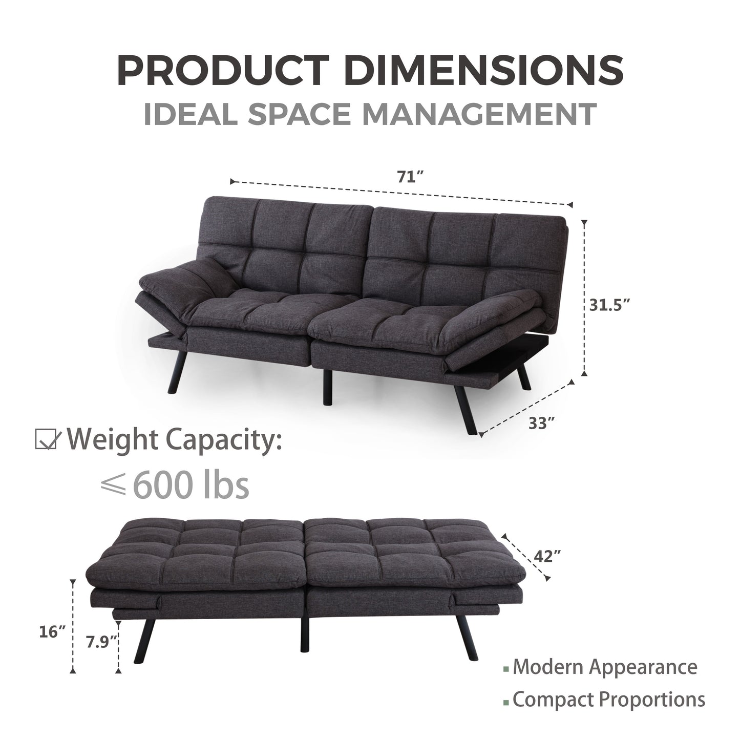 Convertible Memory Foam Futon Couch Bed