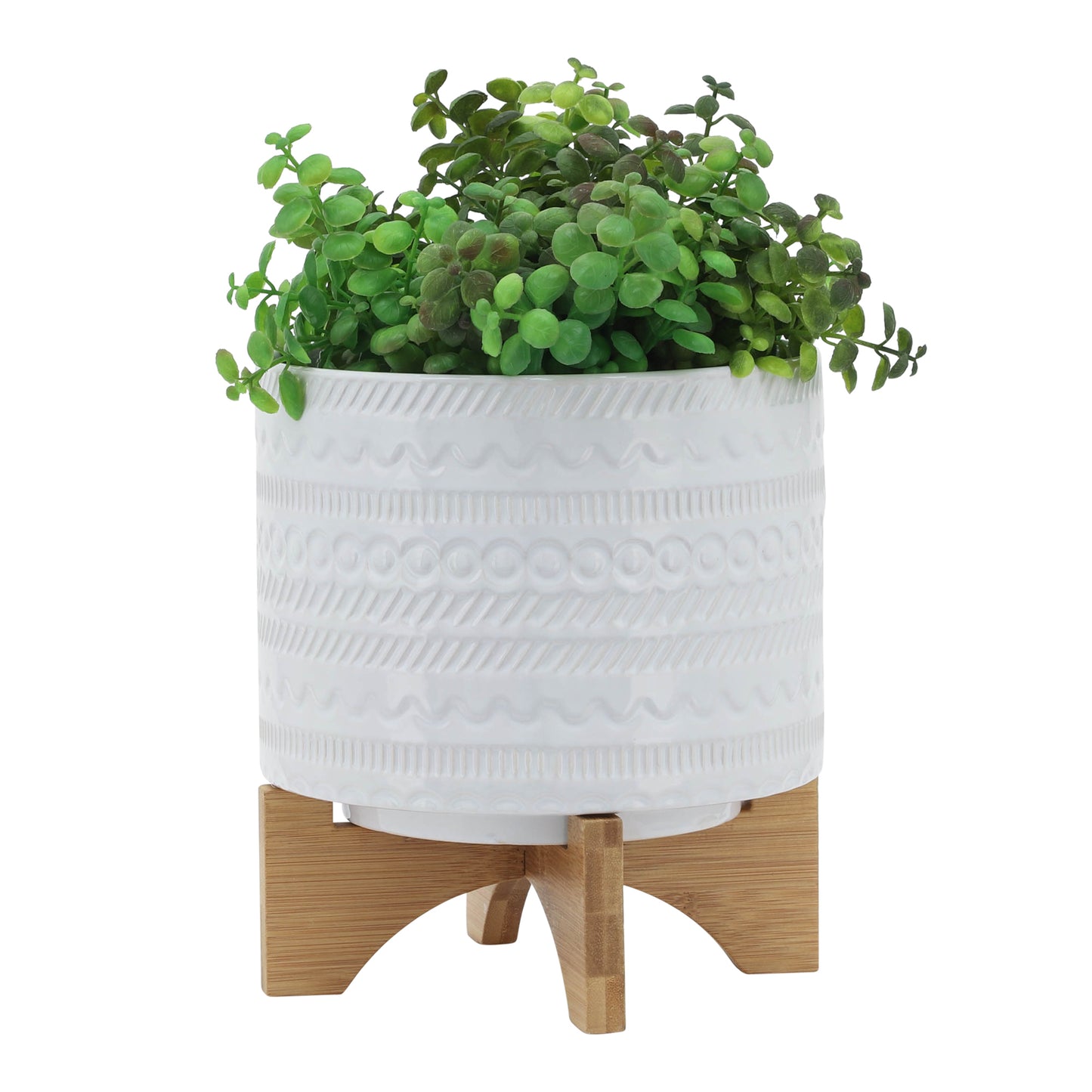 8" Tribal Planter with Wood Stand - White