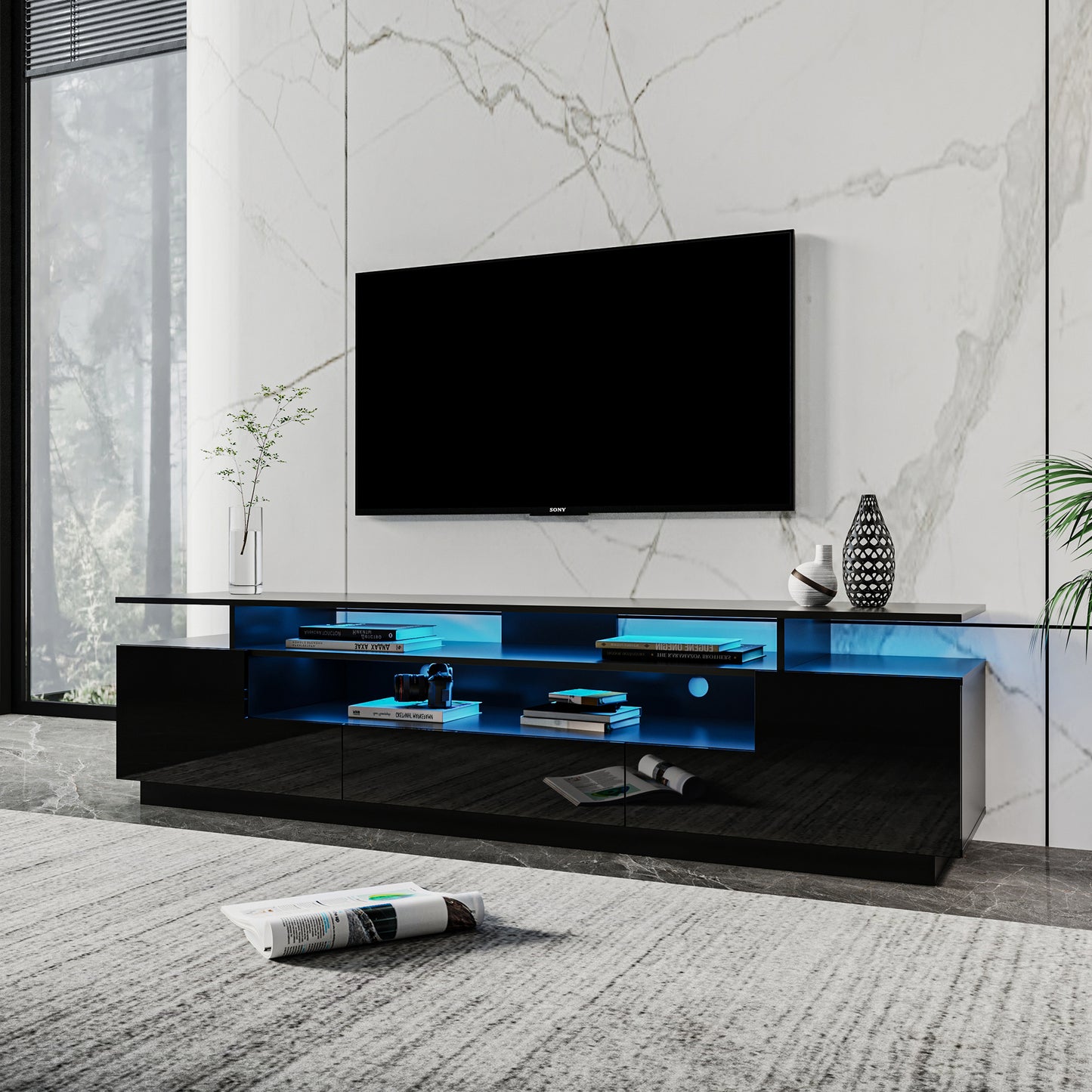 Modern Black TV Stand, 20 Colors LED TV Stand w/Remote Control Lights