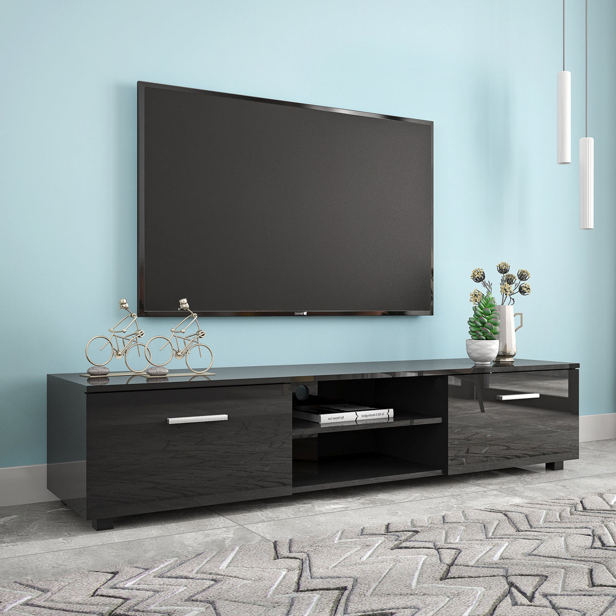 Black TV Stand for 70 Inch TV Stands, Media Console Entertainment Center Television Table, 2 Storage Cabinet with Open Shelves for Living Room Bedroom