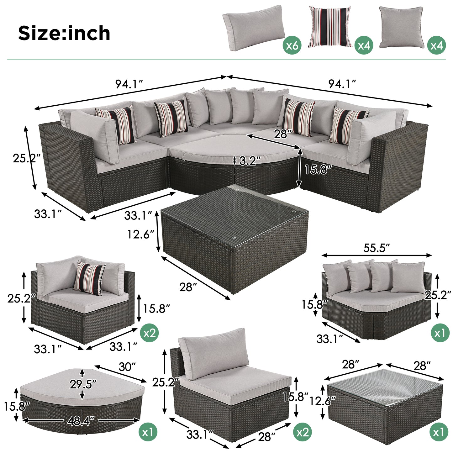 Modern 6-Seater Grey Wicker Patio Furniture Set