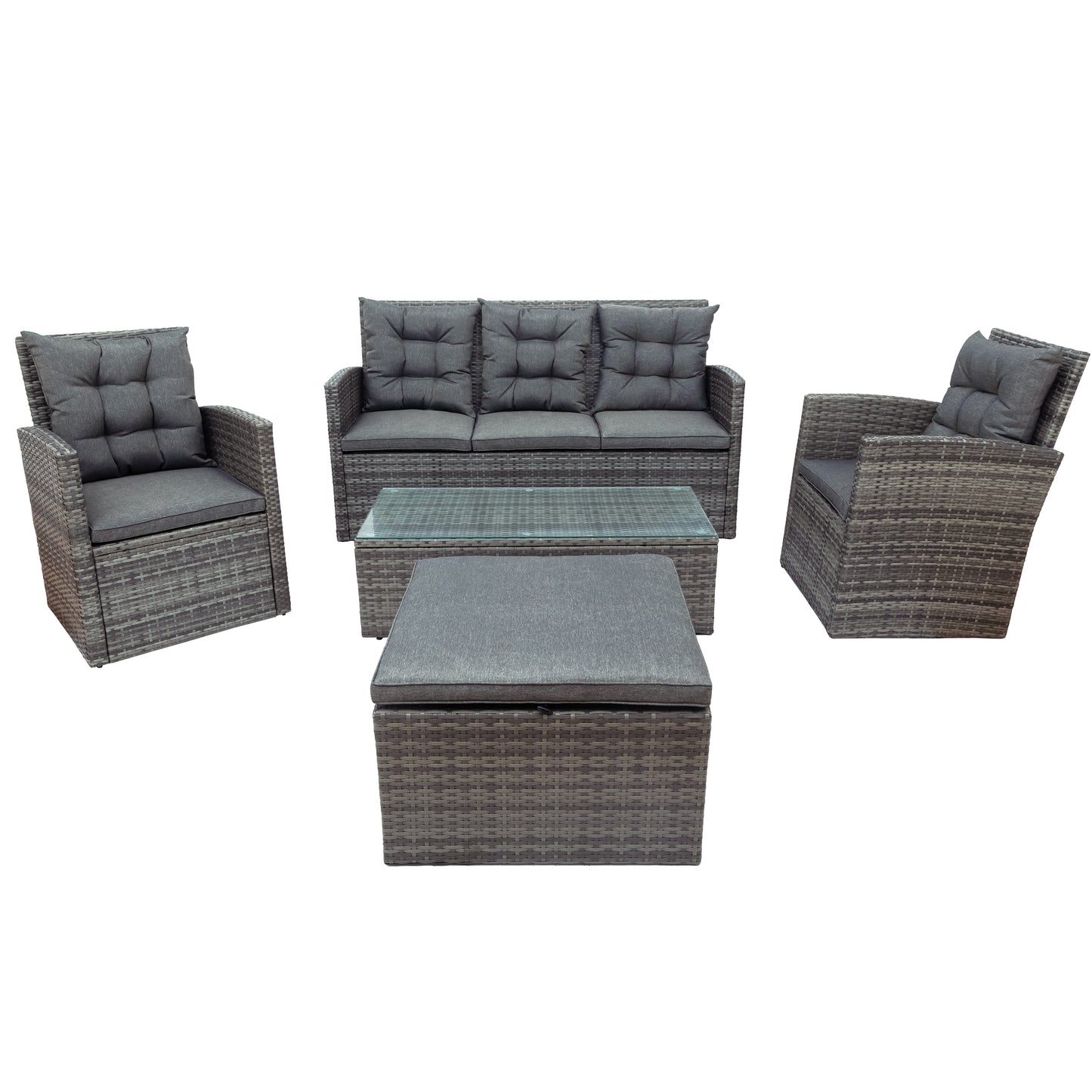 TOPMAX 5-piece Outdoor UV-Resistant Patio Sofa Set with Storage Bench All Weather PE Wicker Furniture Coversation Set with Glass Table, Gray