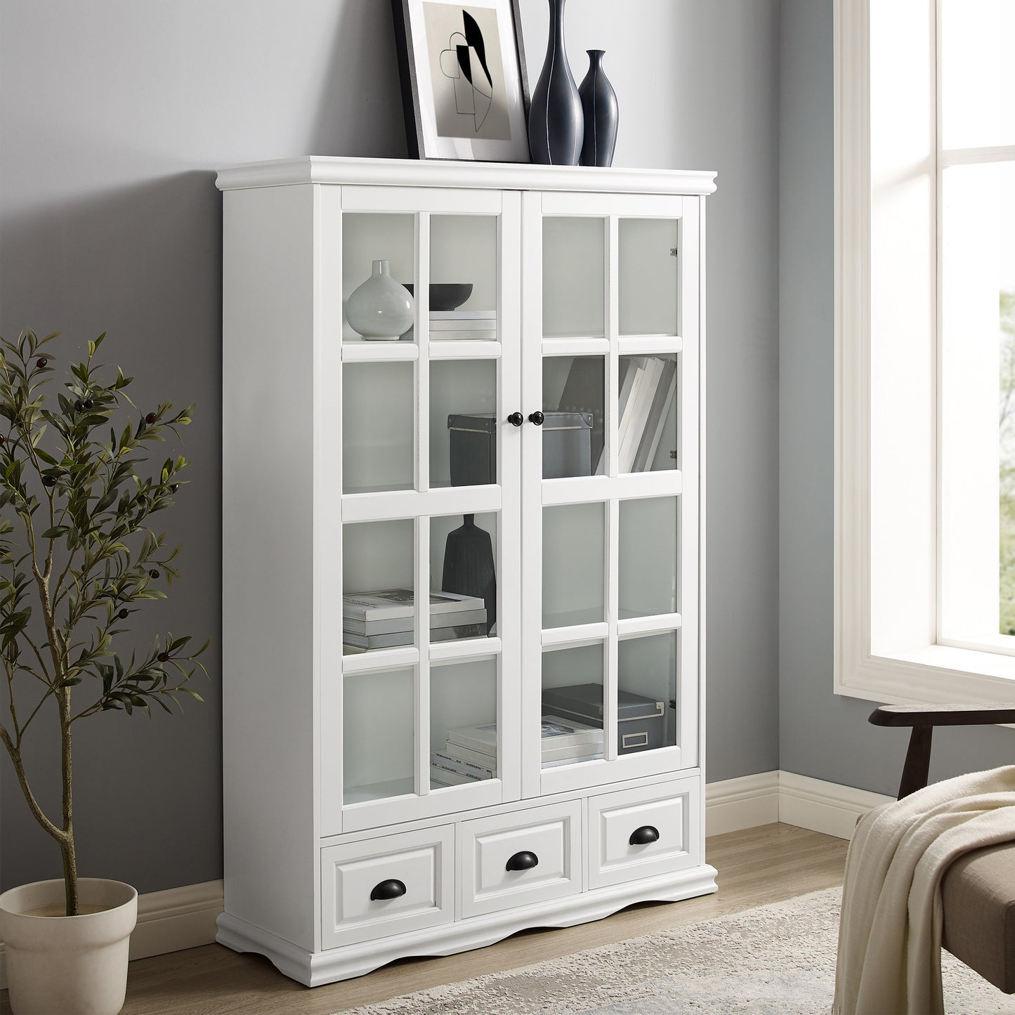 Storage Cabinet with Tempered Glass Doors Curio Cabinet with Adjustable Shelf Display Cabinet with Triple Drawers,White