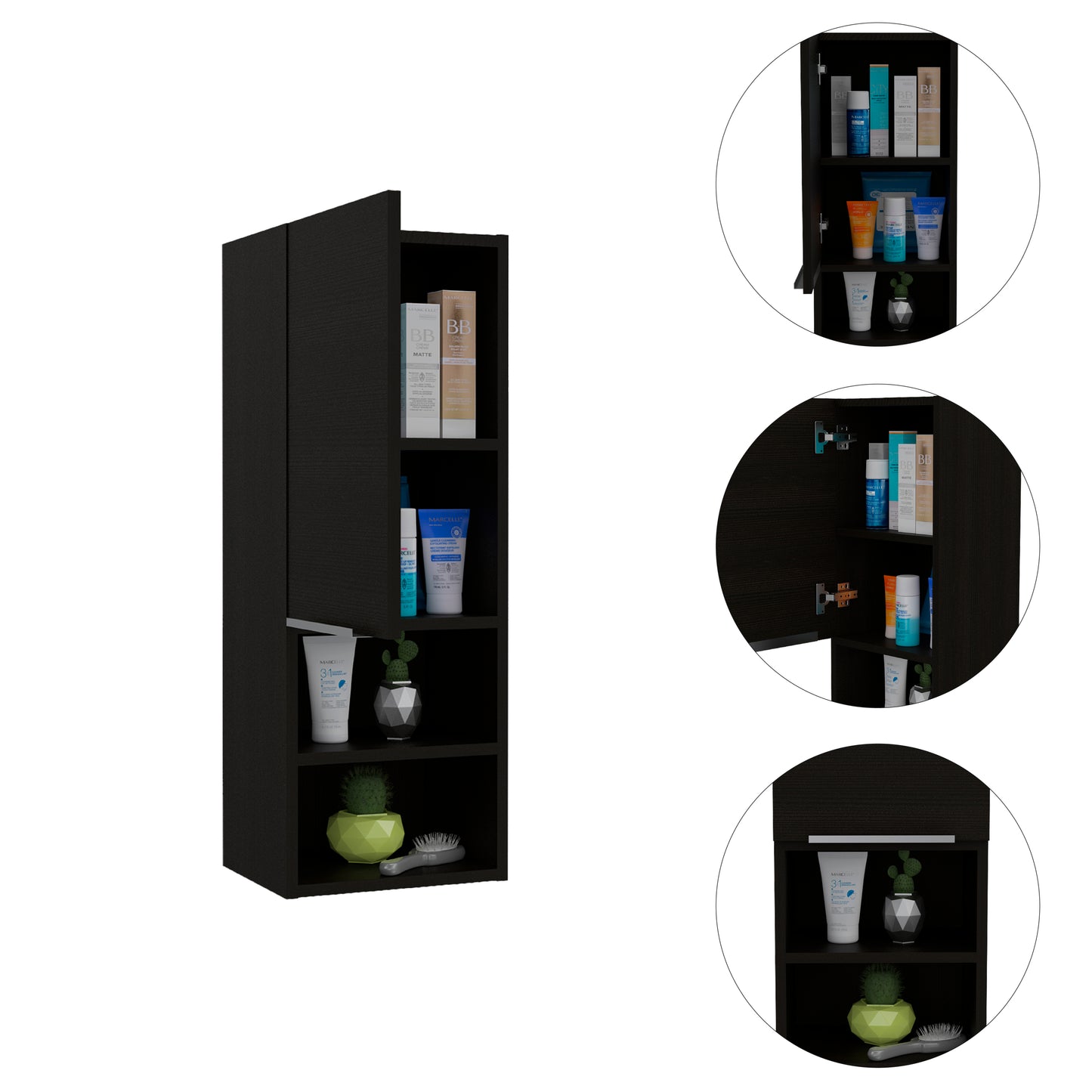 Mila Bathroom Cabinet, Two Interior  Shelves, Two External Shelves, Single Door Cabinet -Black