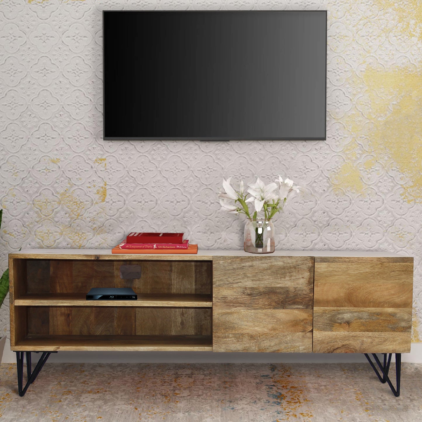 Industrial Style Mango Wood and Metal Tv Stand With Storage Cabinet, Brown