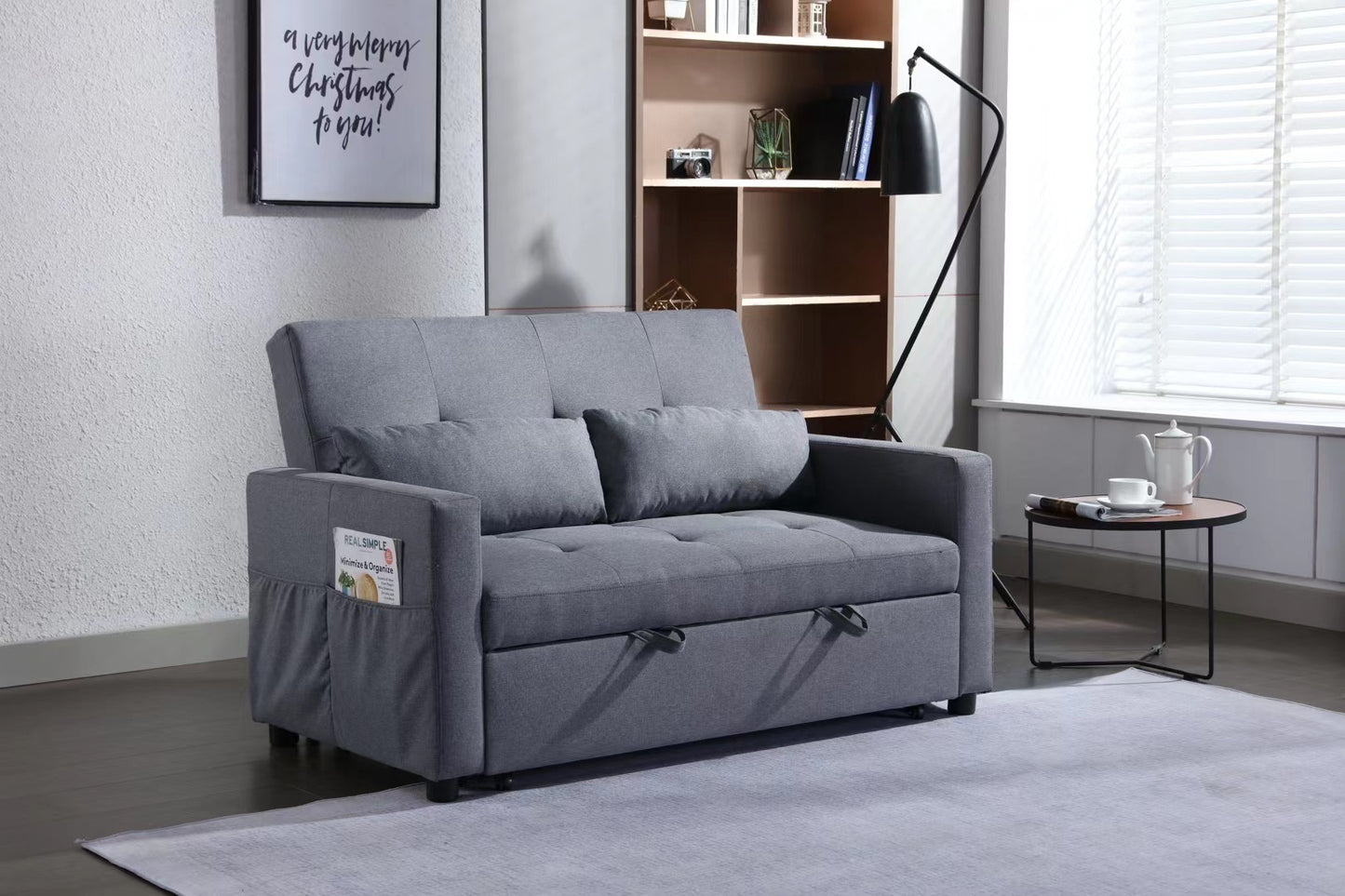 2 Seaters Sleeper Sofa Bed with Dark Grey Linen Fabric