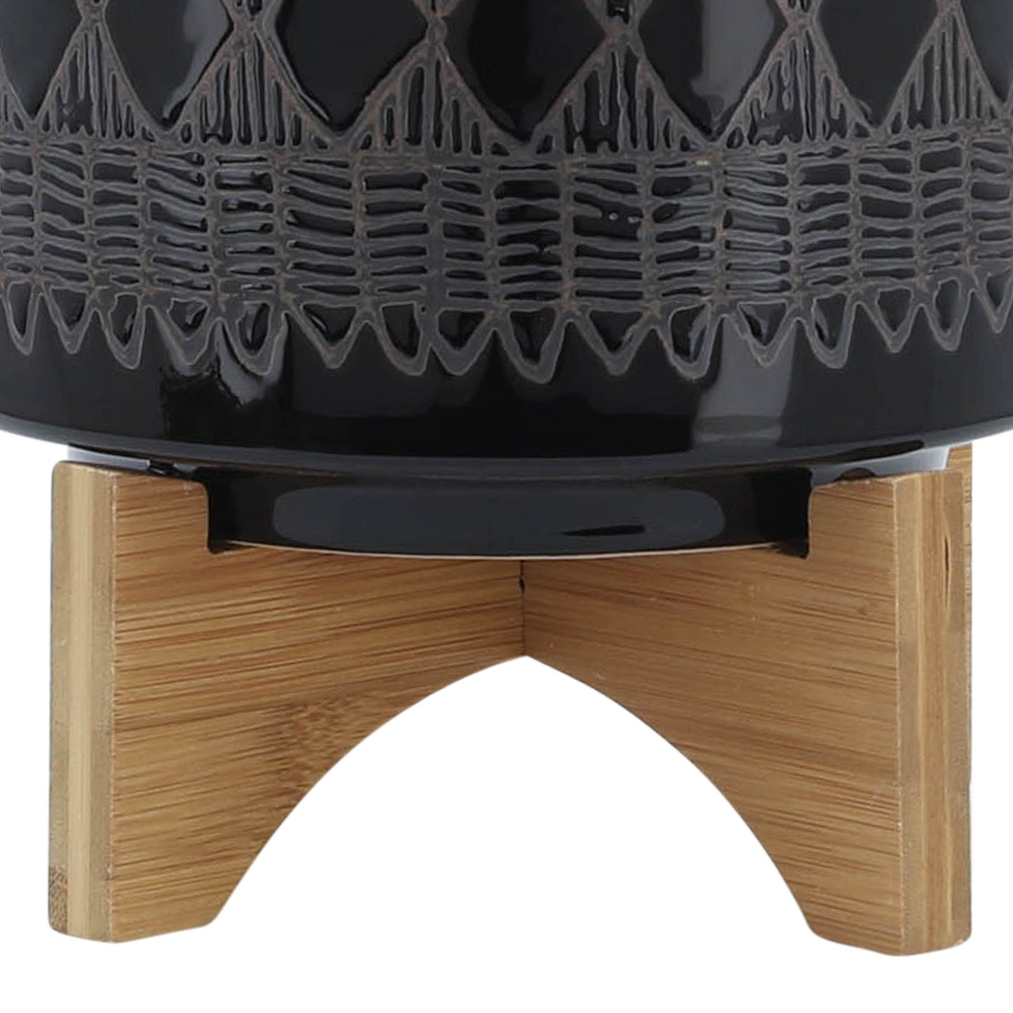 CERAMIC 8" AZTEC PLANTER ON WOODEN STAND, BLACK