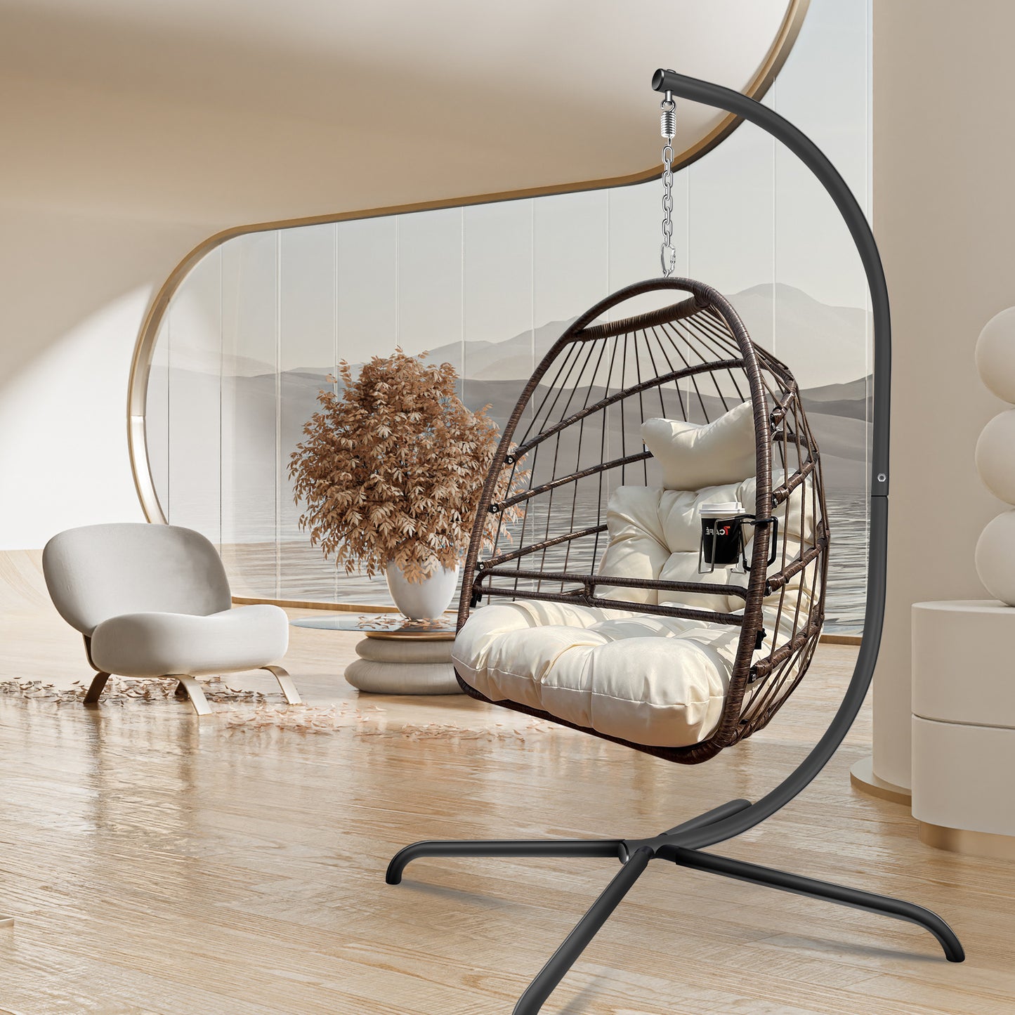 Swing Egg Chair with Stand Indoor Outdoor Wicker Rattan Patio Basket Hanging Chair with C Type bracket , with cushion and pillow,Patio Wicker folding Hanging Chair