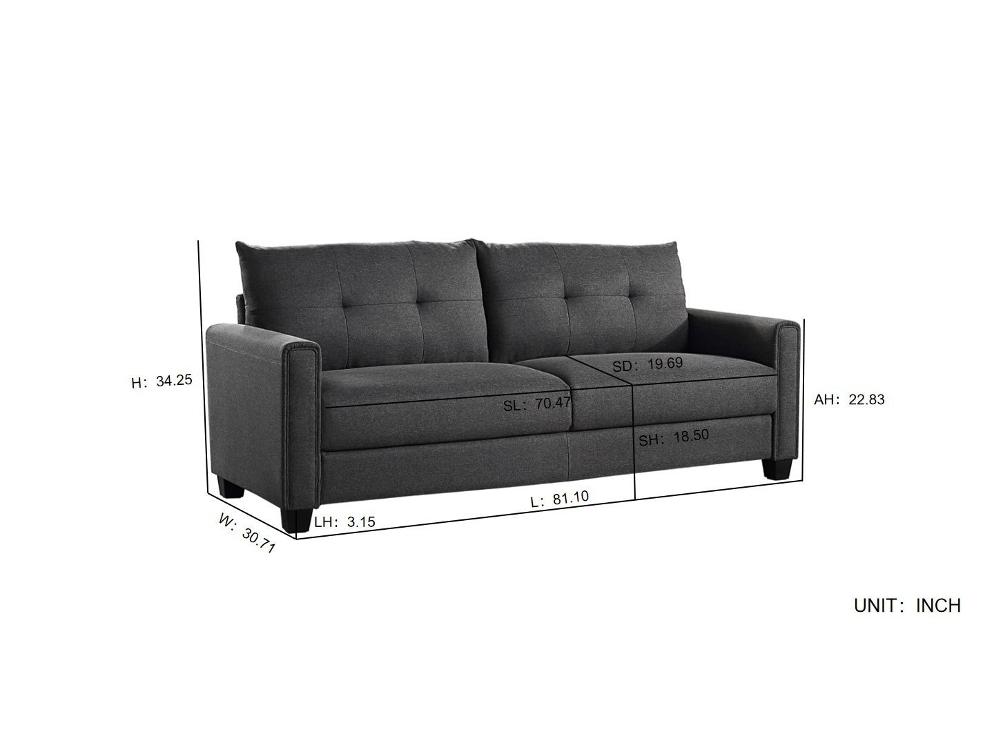 Linen Fabric Upholstery sofa/Tufted Cushions/ Easy, Assembly,Dark Grey