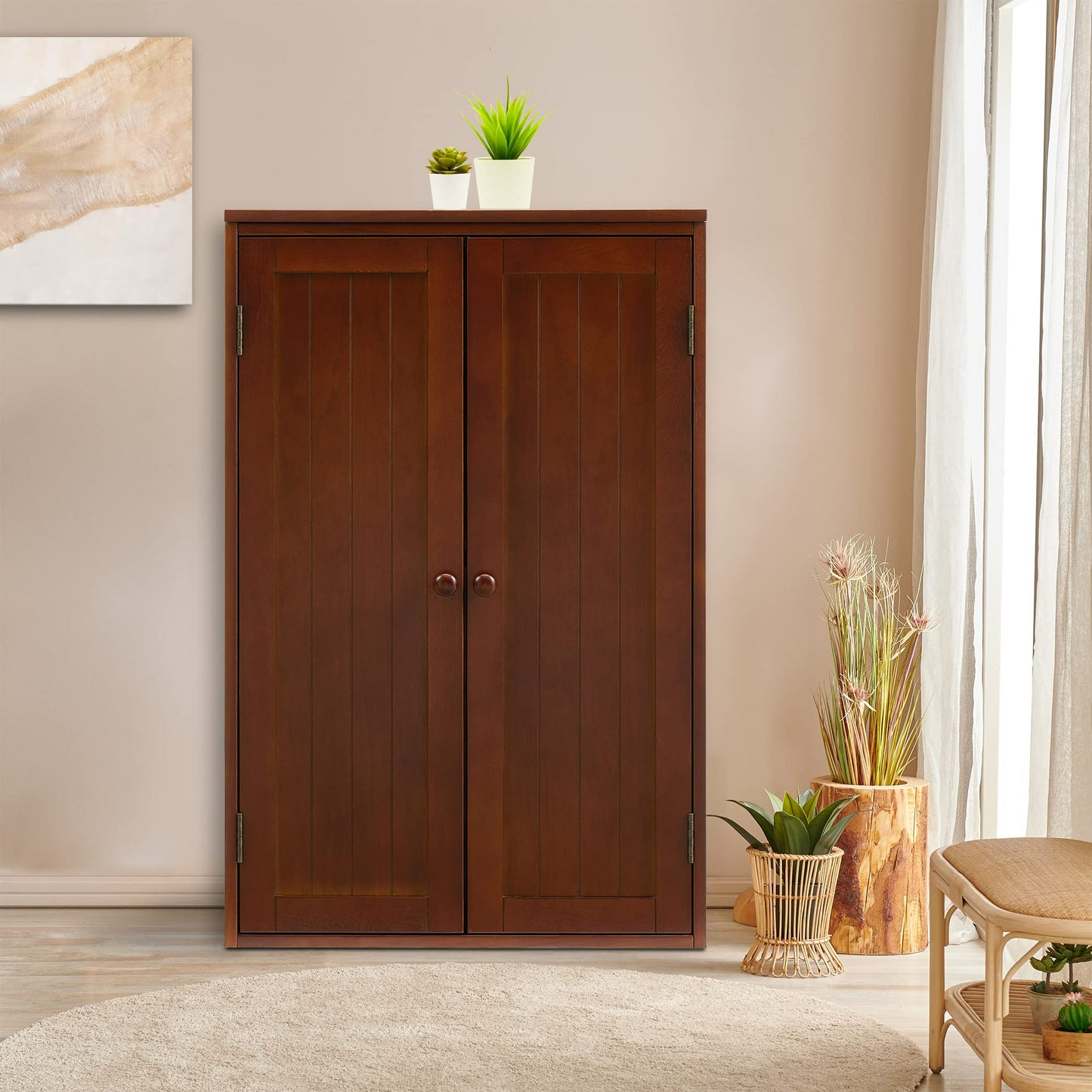 Bathroom Storage Cabinet Freestanding Wooden Floor Cabinet with Adjustable Shelf and Double Door Walnut