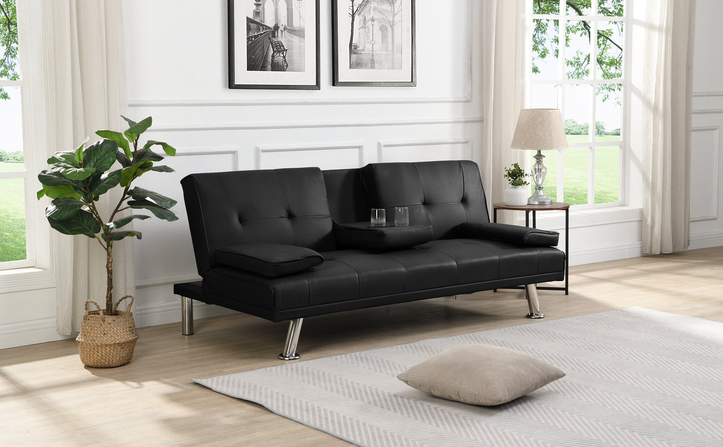 Sofa Bed with Armrest two holders  WOOD FRAME, STAINLESS LEG, FUTON BLACK  PVC