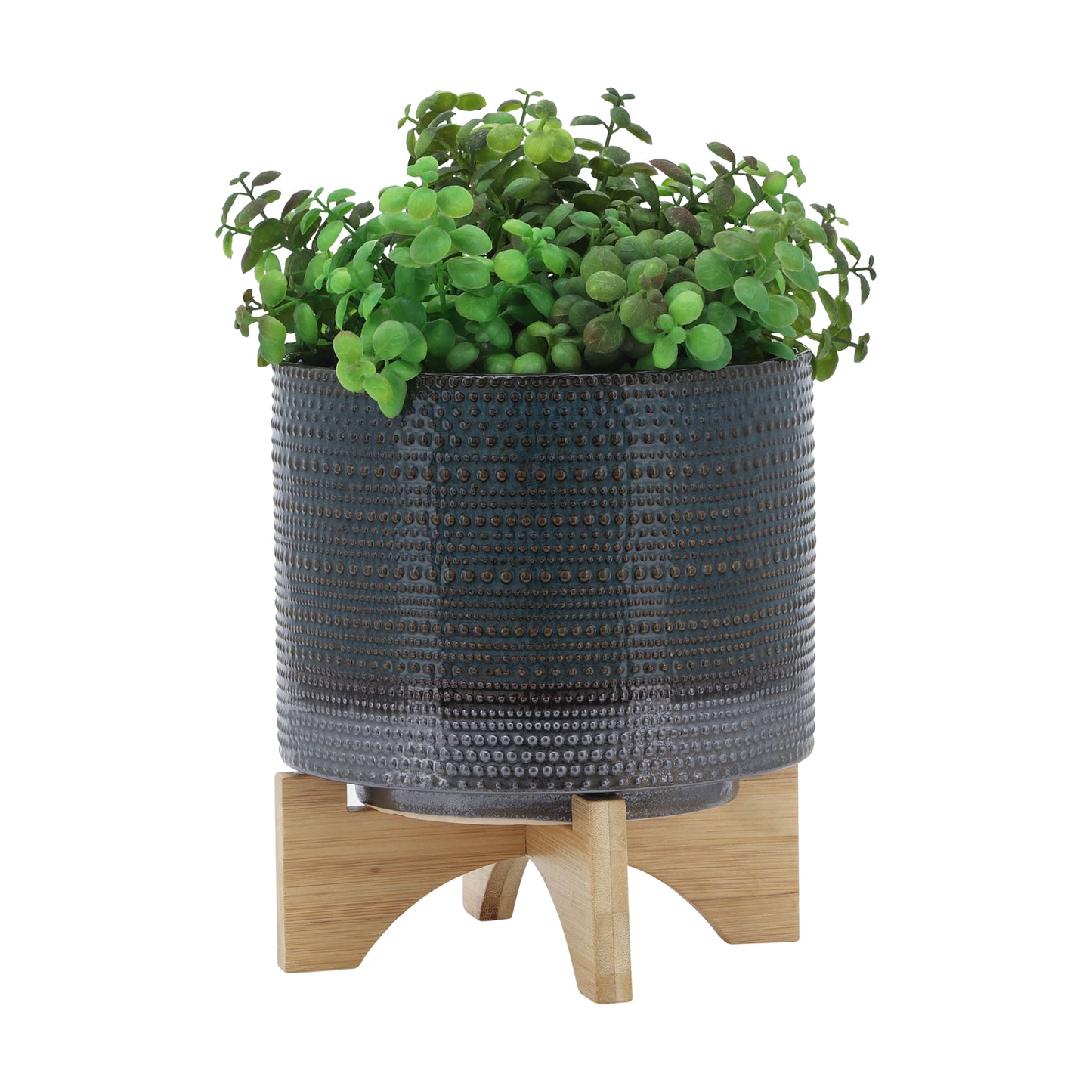 8" Dotted Planter with Wood Stand - Green