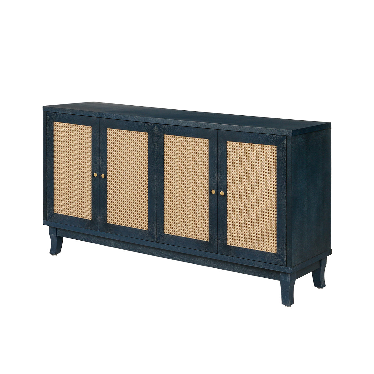 Handcrafted Premium Grain Panels,Rattan Sideboard Buffer Cabinet,Accent Storage Cabinet With 4 Rattan Doors, Modern Storage Cupboard Console Table with Adjustable Shelves for Living Room ,BLUE