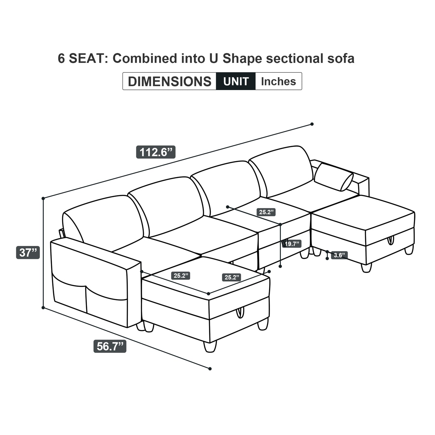 6 Storage Seat Convertible Sectional Modular Sofa Couch