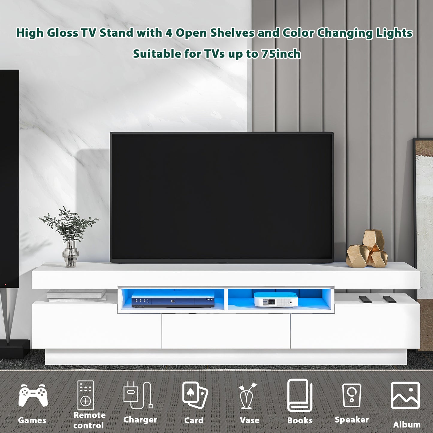 On-Trend TV Stand with 4 Open Shelves, Modern High Gloss Entertainment Center for 75 Inch TV, Universal TV Storage Cabinet with 16-color RGB LED Color Changing Lights, White