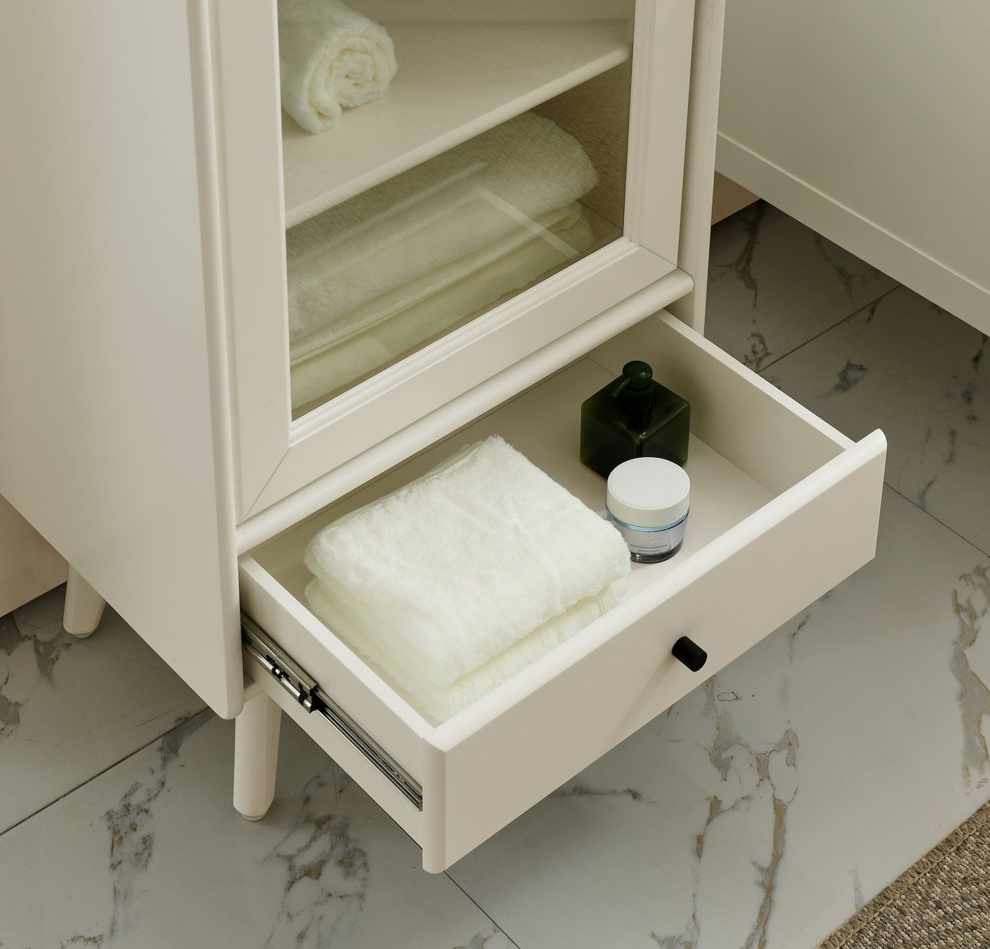 Modern Bathroom Storage Cabinet & Floor Standing cabinet with Glass Door with Double Adjustable Shelves and One Drawer, Extra Storage Space on Top, White(19.75"×13.75"×46")