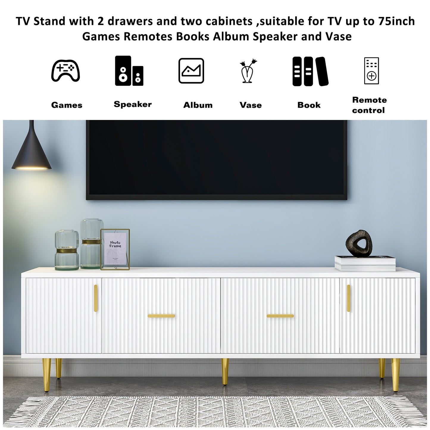 U-Can Modern TV Stand with 5 Champagne Legs - Durable, Stylish and Spacious, TVs Up to 75''