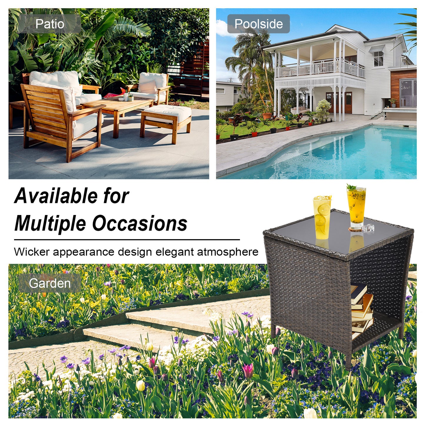 Black and Gold Rattan Patio Side Table