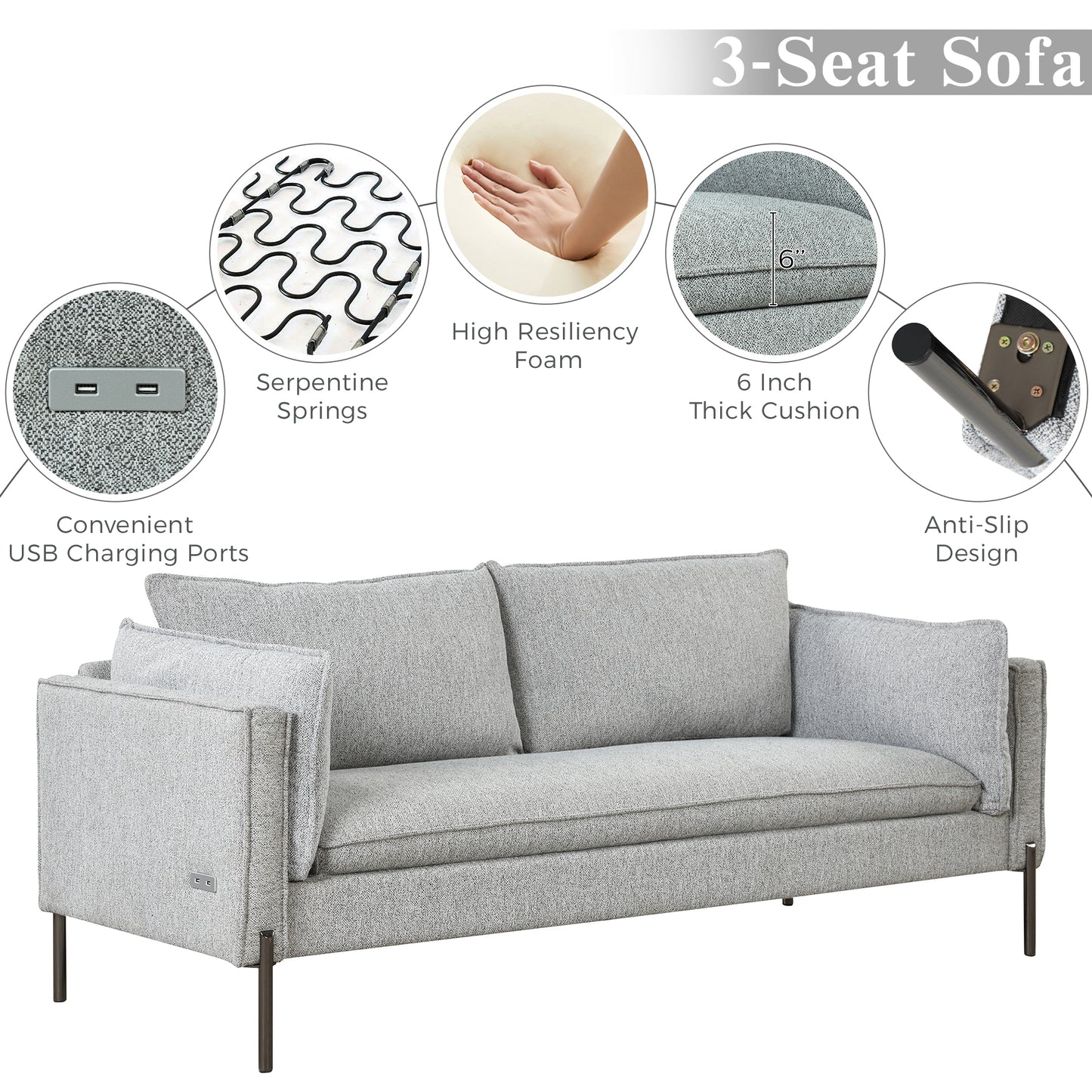 76.2" Modern Style 3 Seat Sofa Linen Fabric Upholstered Couch Furniture  for Different Spaces