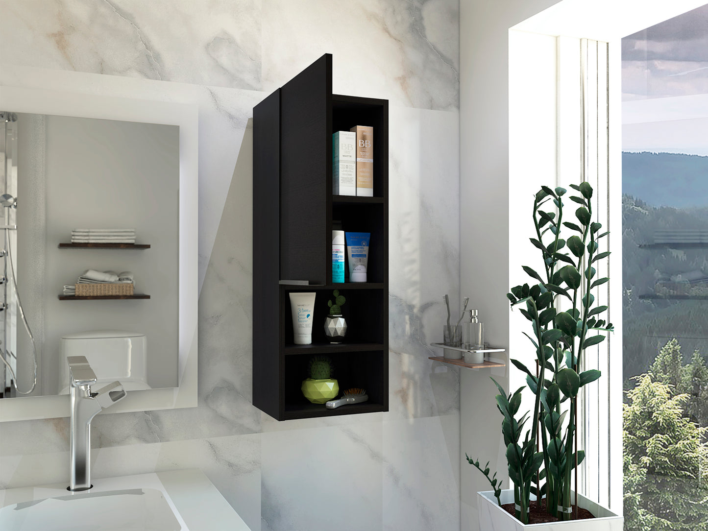 Mila Bathroom Cabinet, Two Interior  Shelves, Two External Shelves, Single Door Cabinet -Black