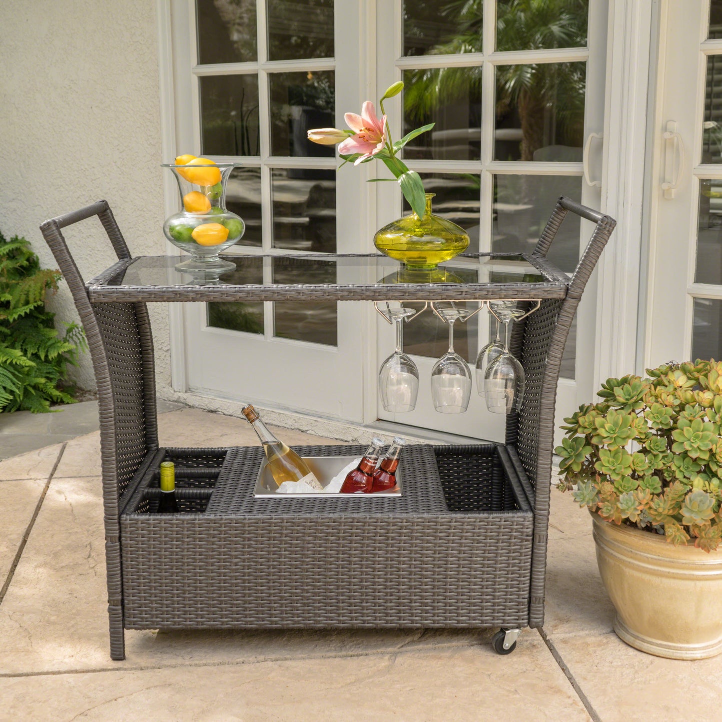 Grey Rattan and Glass Bar Cart