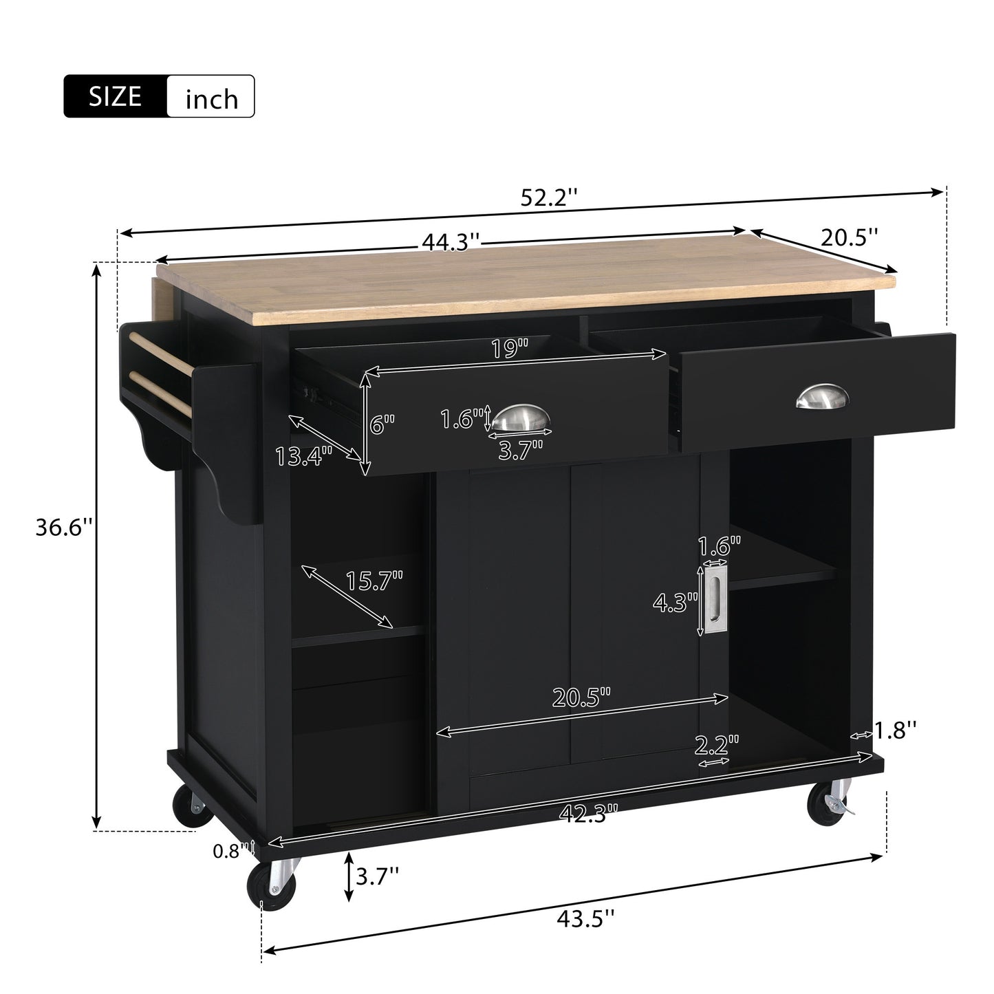 Kitchen Cart with Rubber wood Drop-Leaf Countertop, Concealed sliding barn door adjustable height,Kitchen Island on 4 Wheels with Storage Cabinet and 2 Drawers,L52.2xW30.5xH36.6 inch, Black