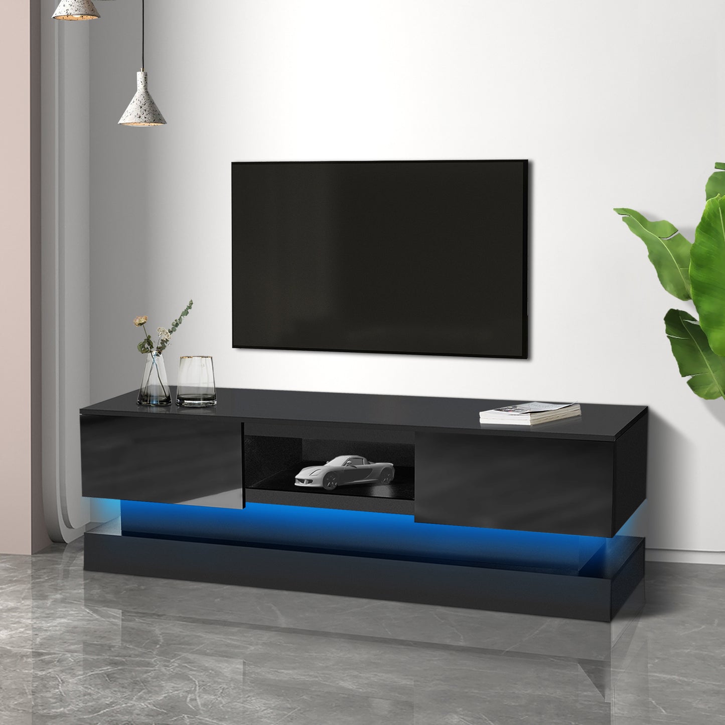 63" Modern TV Stand with LED Lights - Black