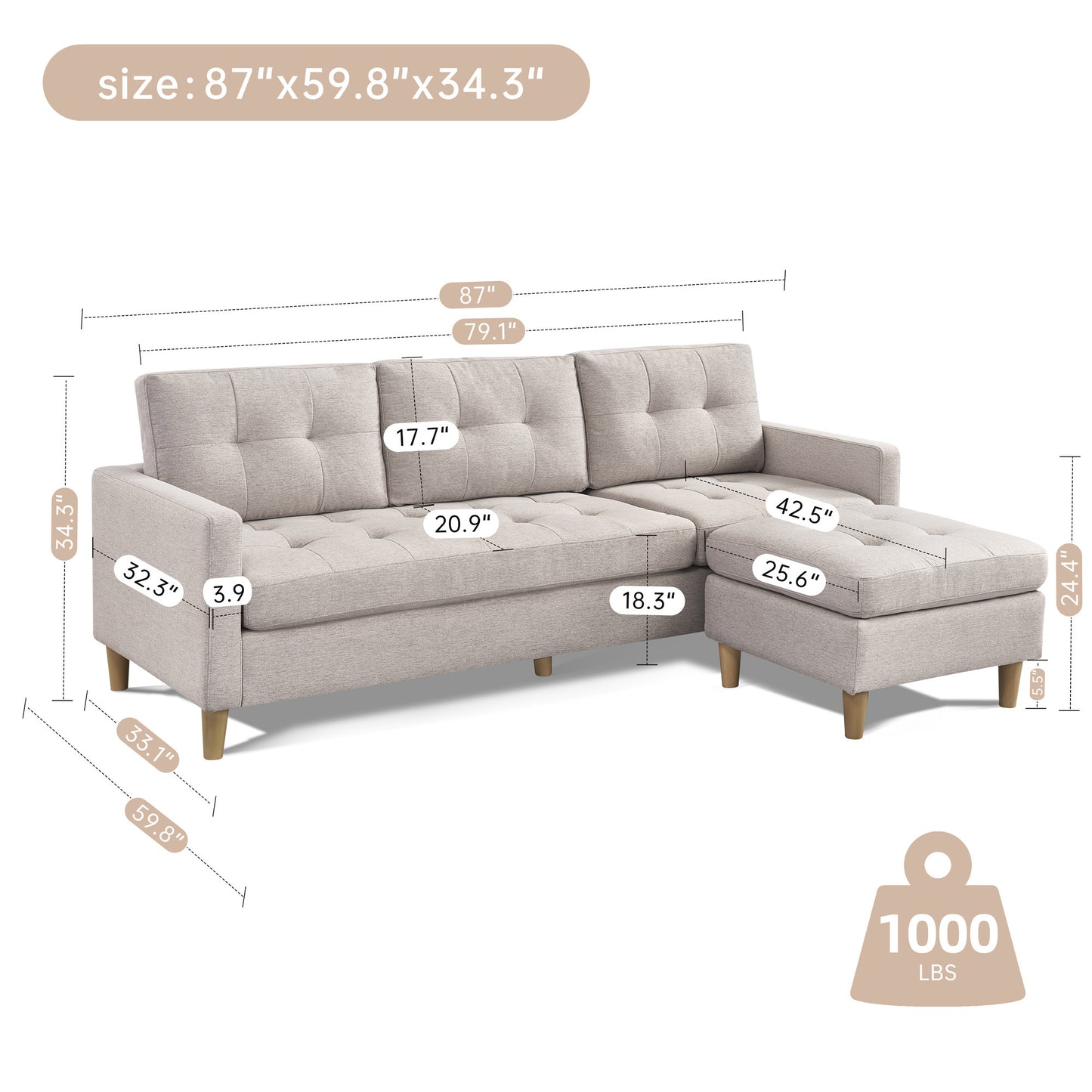 87” Wide Modern Convertible Sectional Sofa