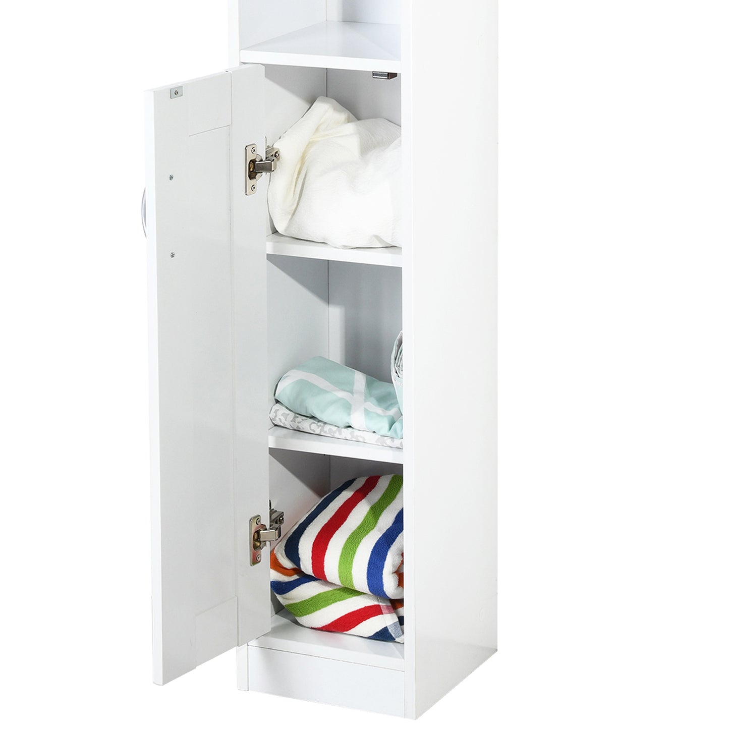 White Bathroom Storage Cabinet with Shelf Narrow Corner Organizer Floor Standing (H63 6 Shelves 1 Door)