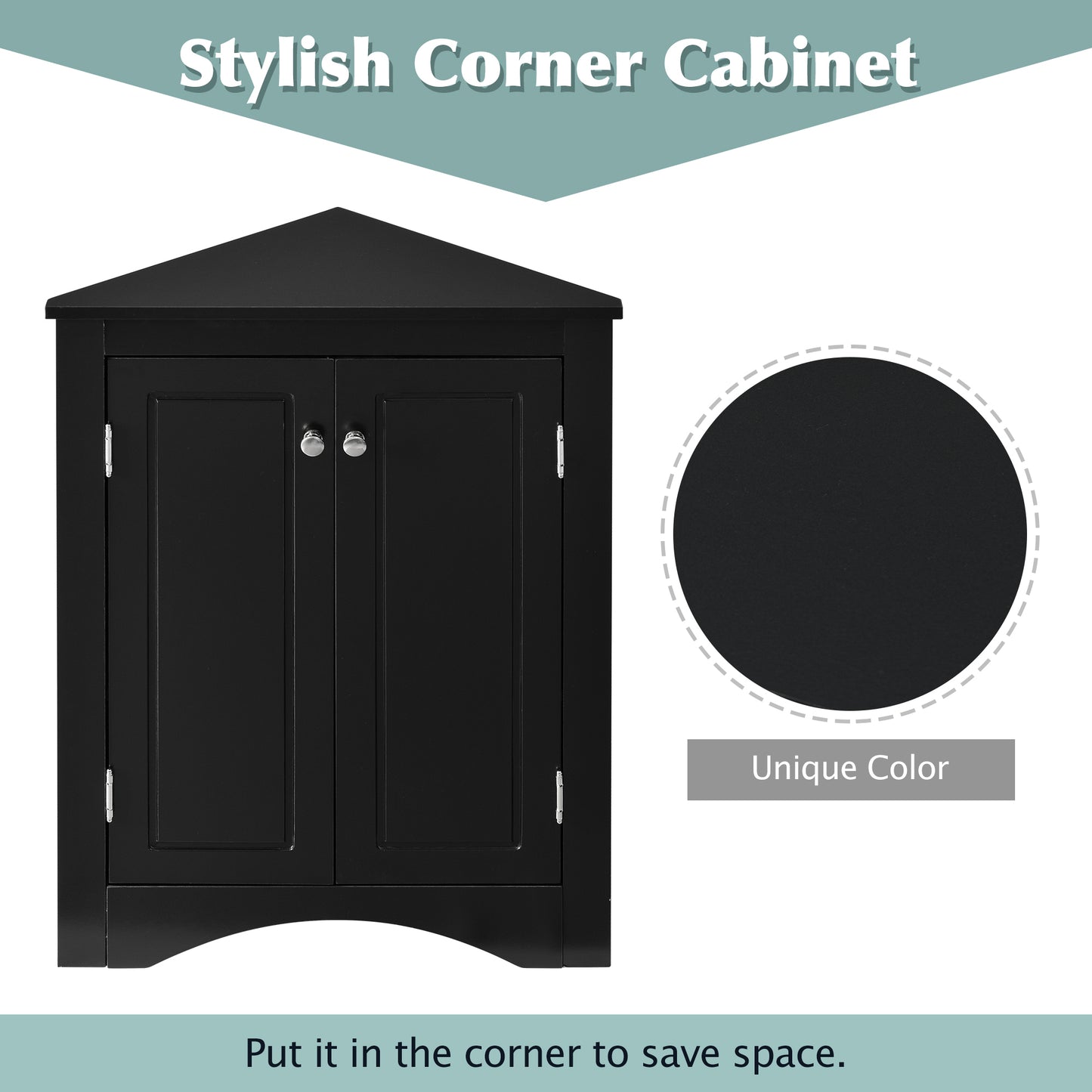 Black Triangle Bathroom Storage Cabinet with Adjustable Shelves, Freestanding Floor Cabinet for Home Kitchen