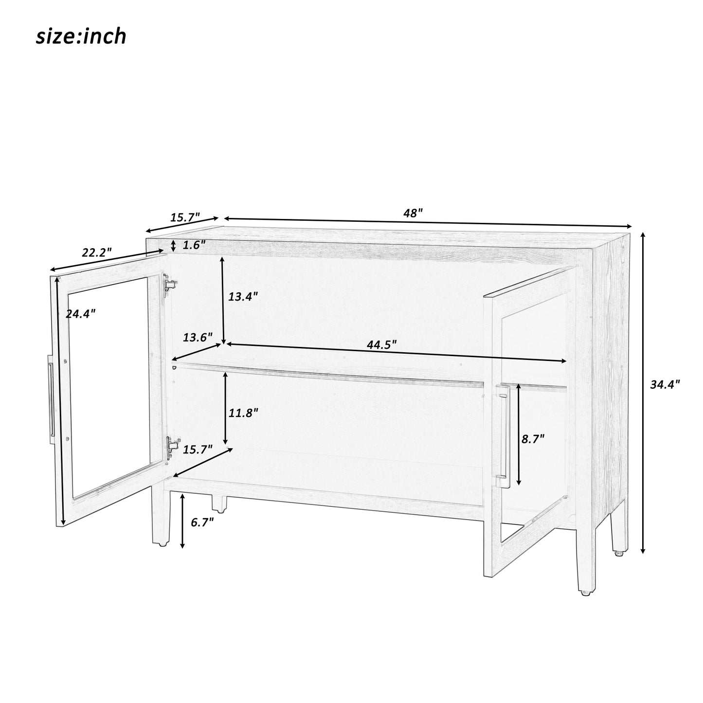 U-Style Wood Storage Cabinet with Two Tempered Glass Doors ,Four Legs and Adjustable Shelf,Suitable for Living Room, Study and Entrance