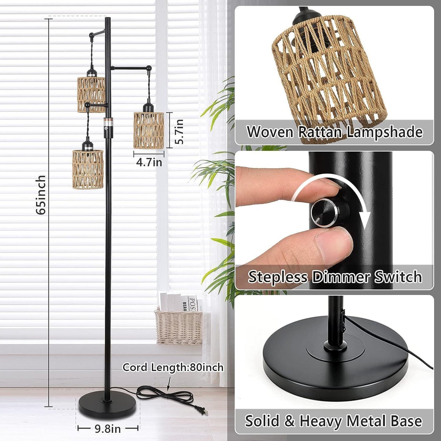 Catherine 3-Lights Boho Floor Lamp with Stepless Dimmer