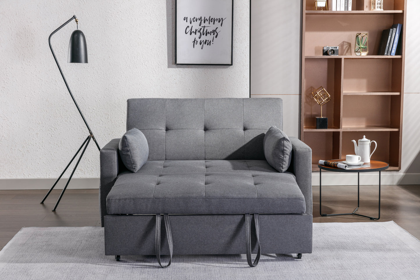 2 Seaters Sleeper Sofa Bed with Dark Grey Linen Fabric