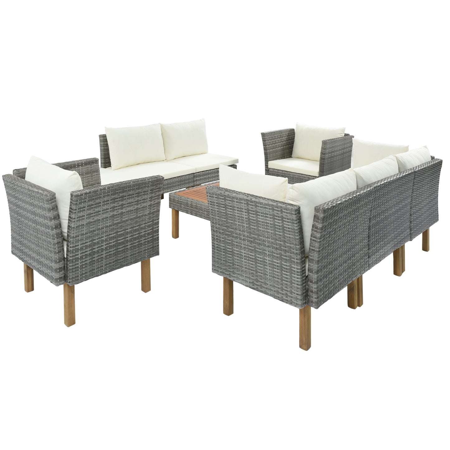 GO 9-Piece Outdoor Patio Garden Wicker Sofa Set, Gray PE Rattan Sofa Set, with Wood Legs, Acacia Wood Tabletop, Armrest Chairs with Beige Cushions