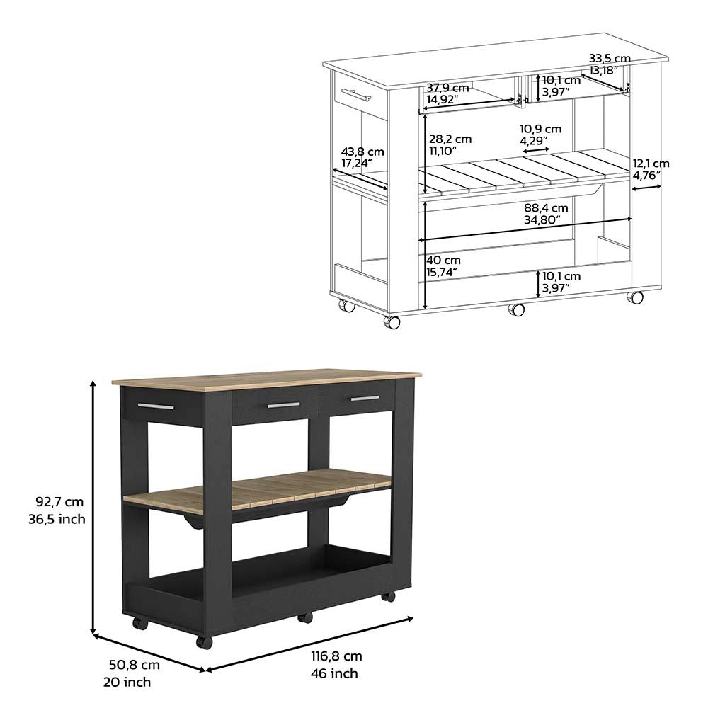 Kitchen Island 46 Inches Dozza, Two Drawers, Black Wengue / Light Oak Finish